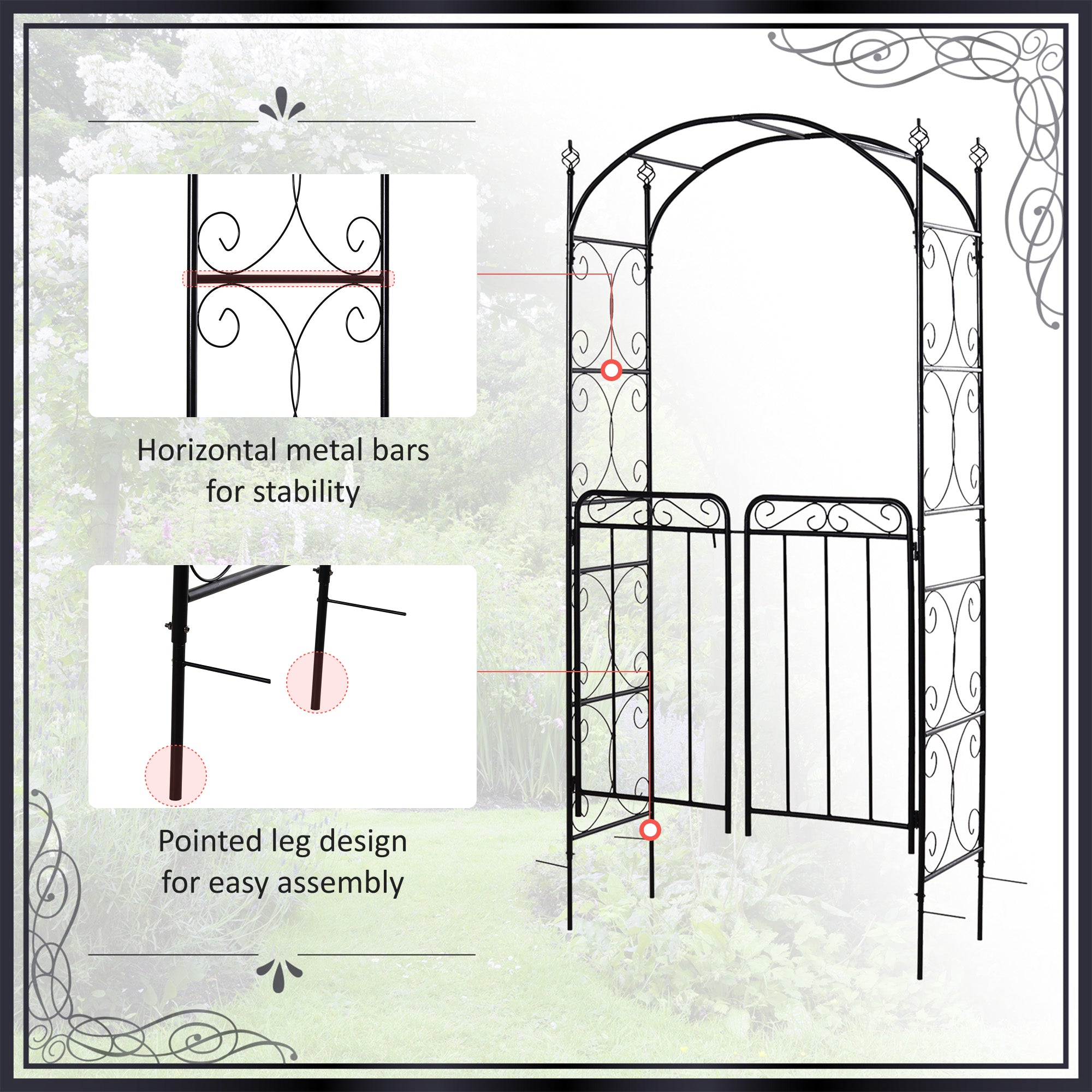 84" Garden Arch Arbor with Gate, Metal Arch Trellis, Garden Archway for Climbing Vines, Wedding Ceremony Decoration, Flourishes & Arrow Tips, Black - Matte Black - Image 4