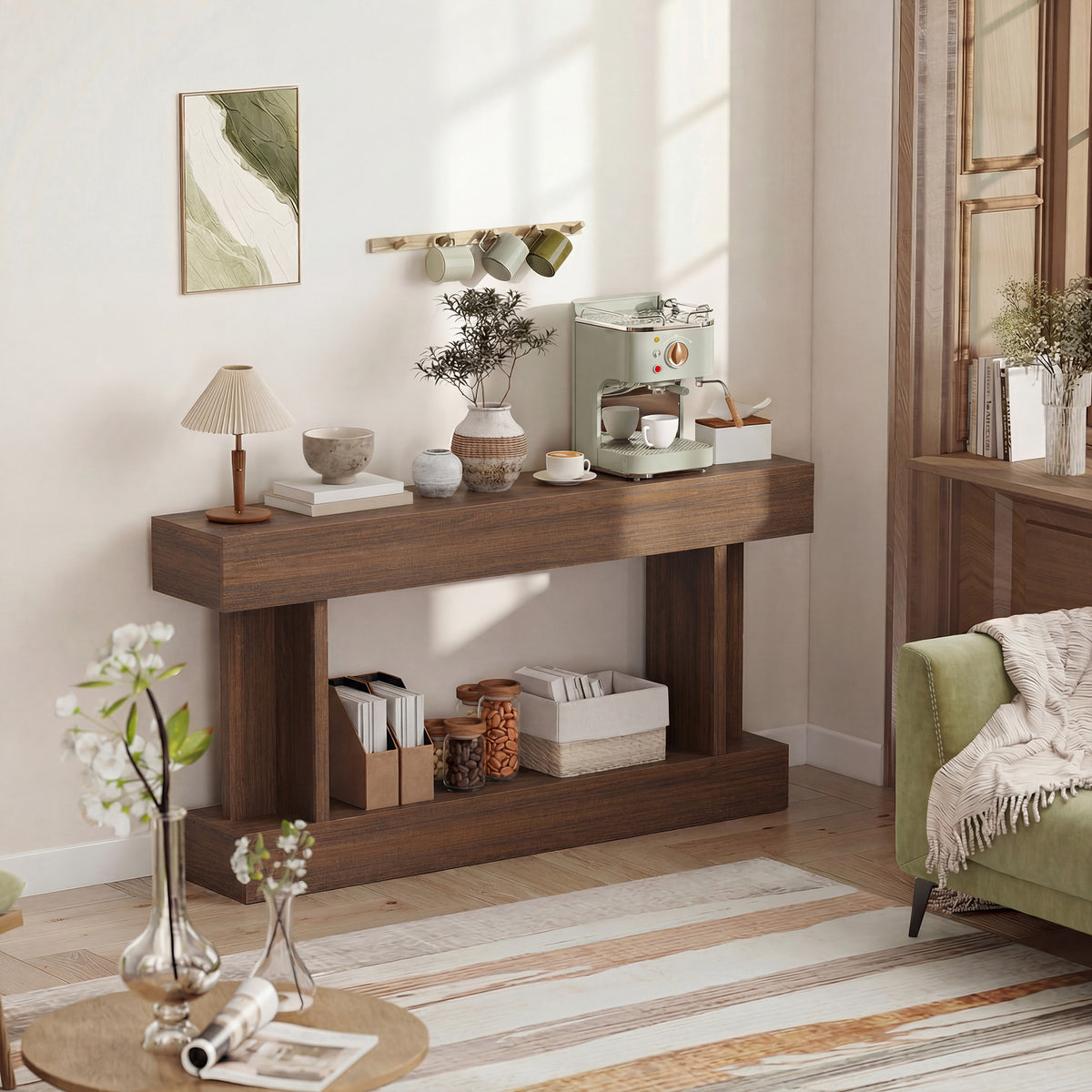 63 Inch Long Console Table, Vintage Narrow Entryway Table with Storage Shelf for Living Room and Hallway, Brown