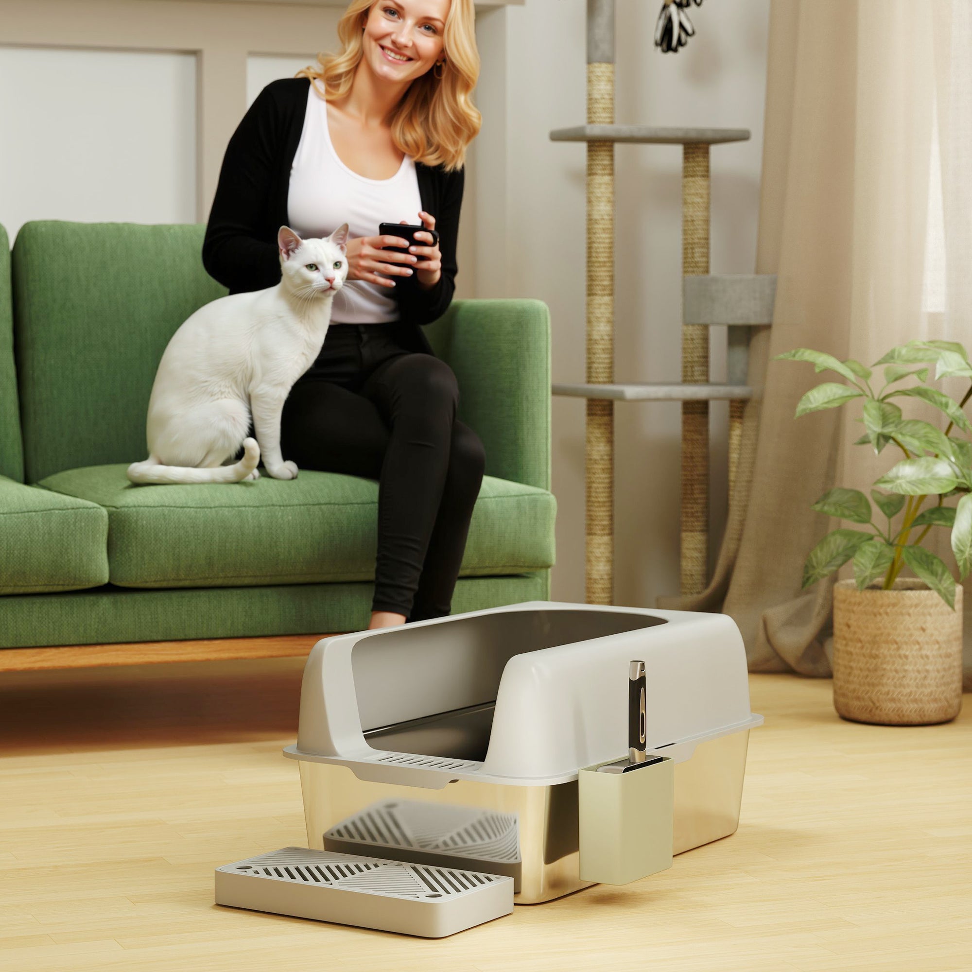 High Sided Stainless Steel Litter Box with Metal Scoop & Scoop Holder, for Easy Clean& Anti-Urine Leakage, Light Gray - Light Gray - Image 8