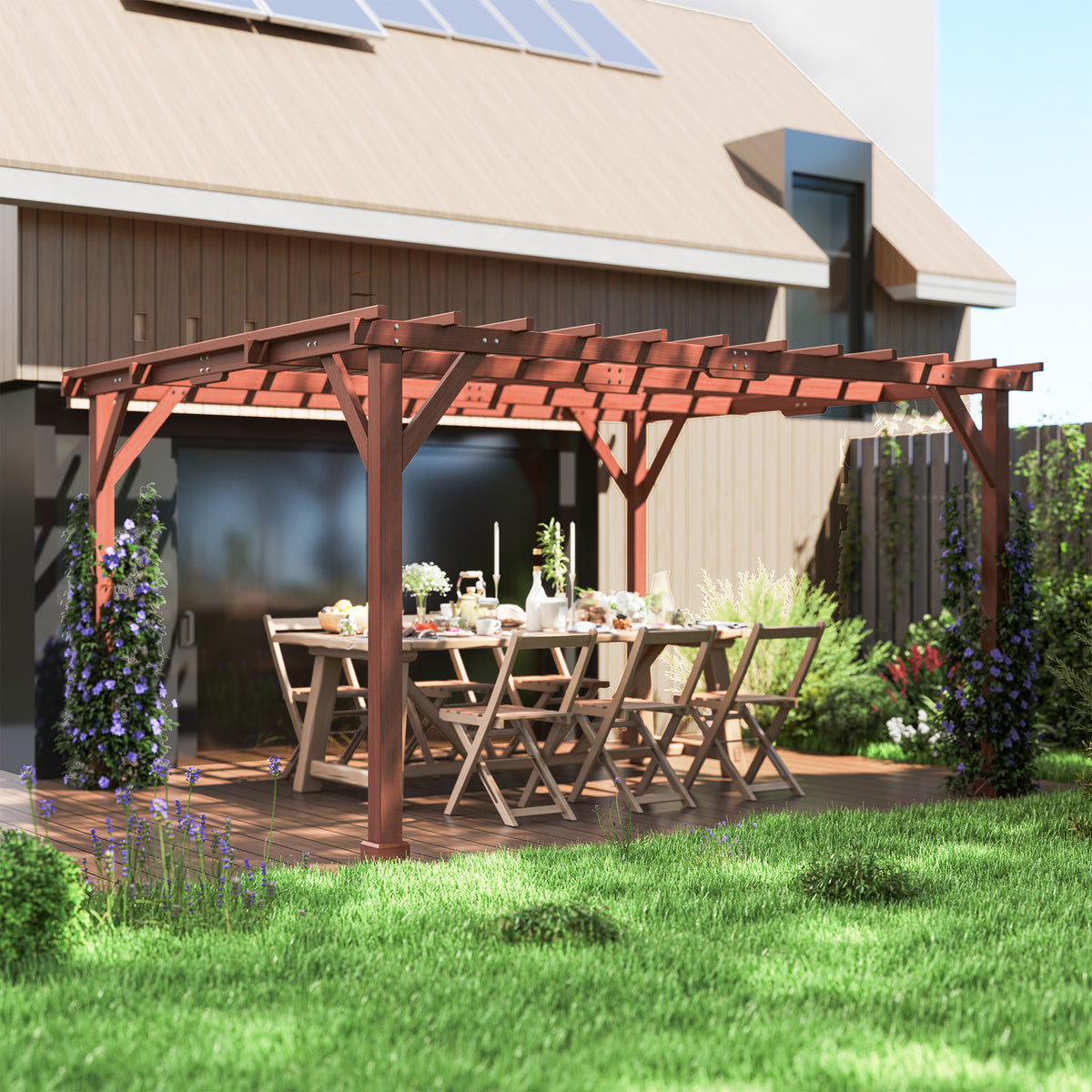 11' x 12.5' Outdoor Wood Pergola with Grape Trellis for Patio, Deck, Backyard, Lawn