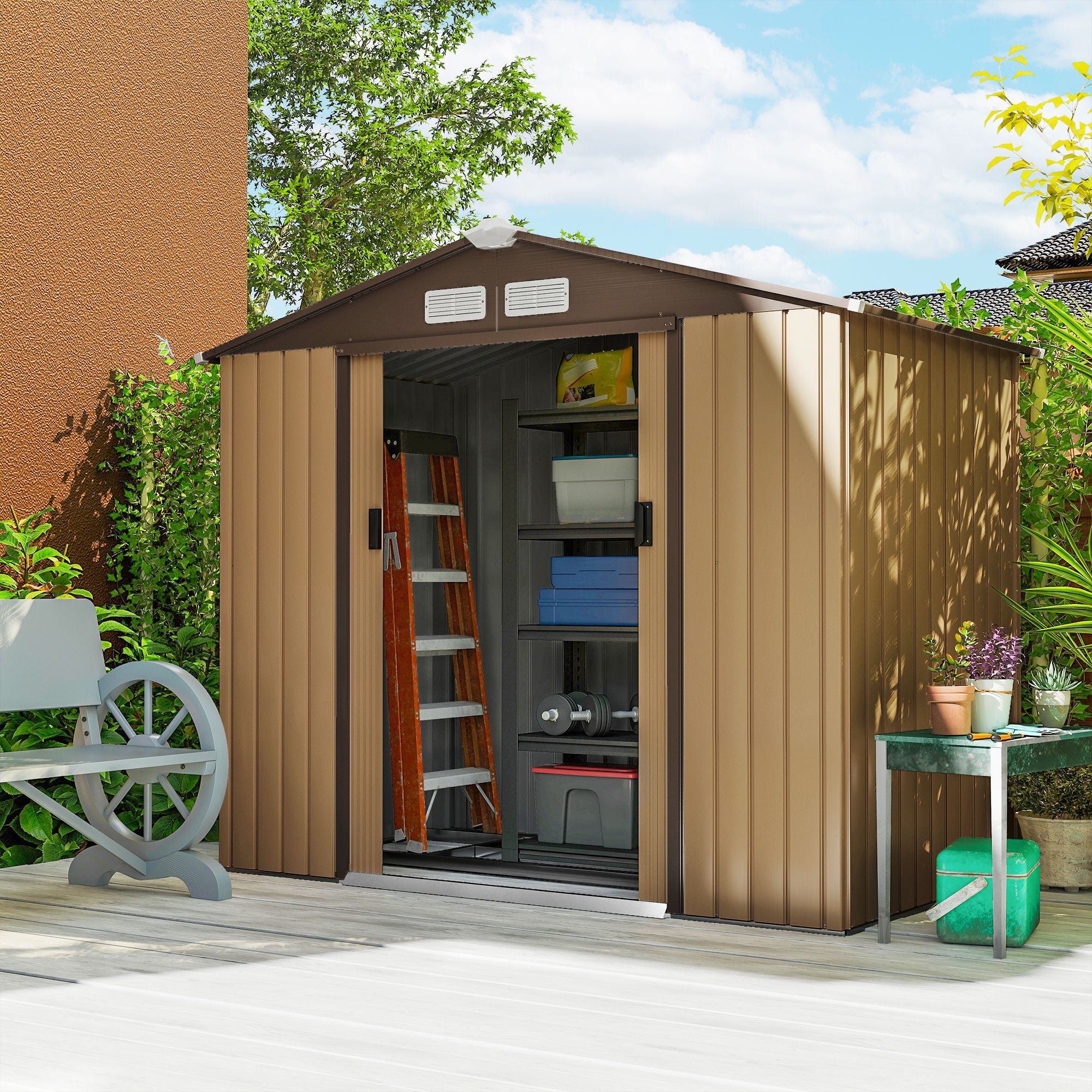 7' x 4' Outdoor Storage Shed, Garden Tool House w/ Foundation Kit Vents & Sliding Doors for Backyard Patio, Brown - Yellow - Image 2