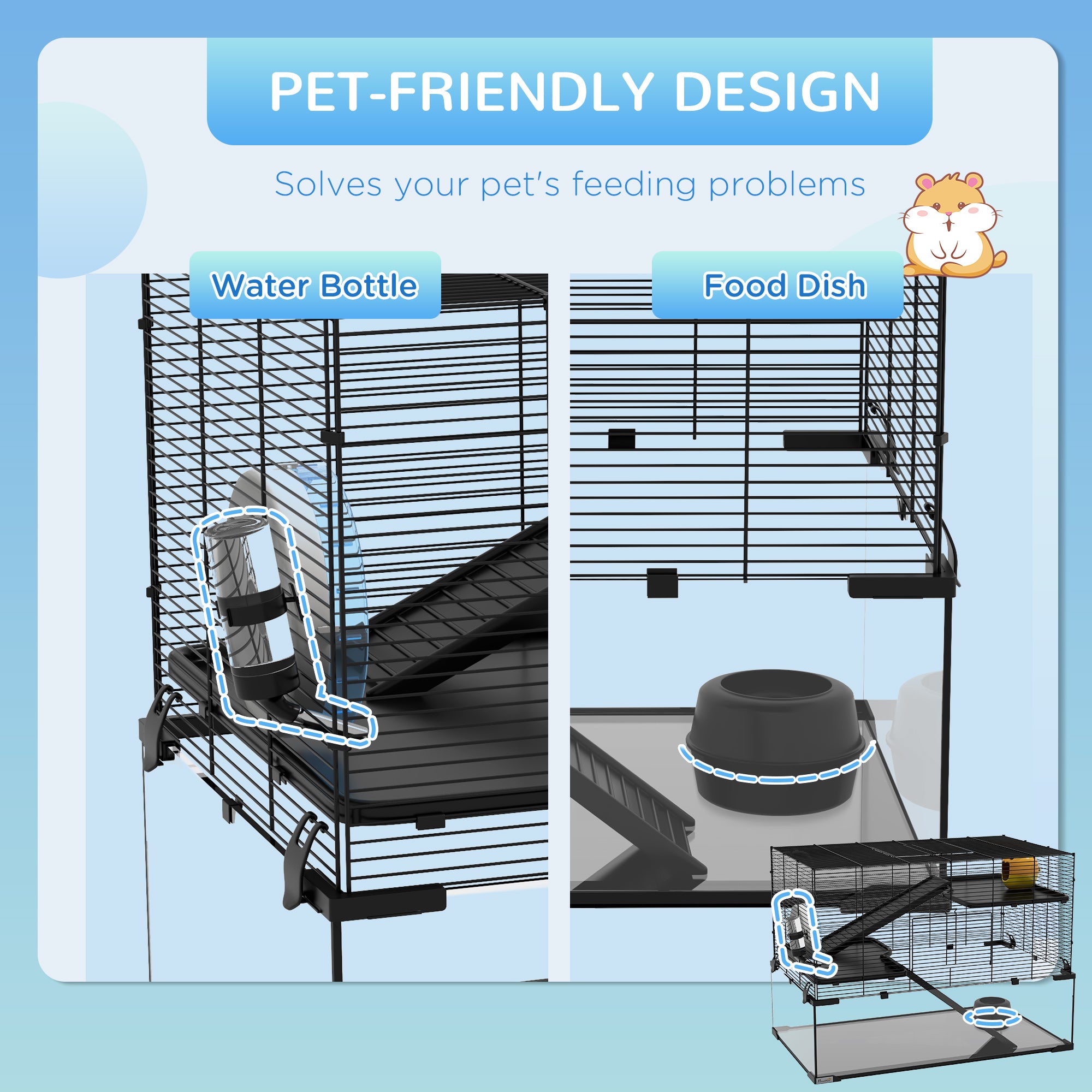 30" Hamster Cage, Gerbil Cage with Glass Basin for Small Hamsters, Black - Black - Image 5