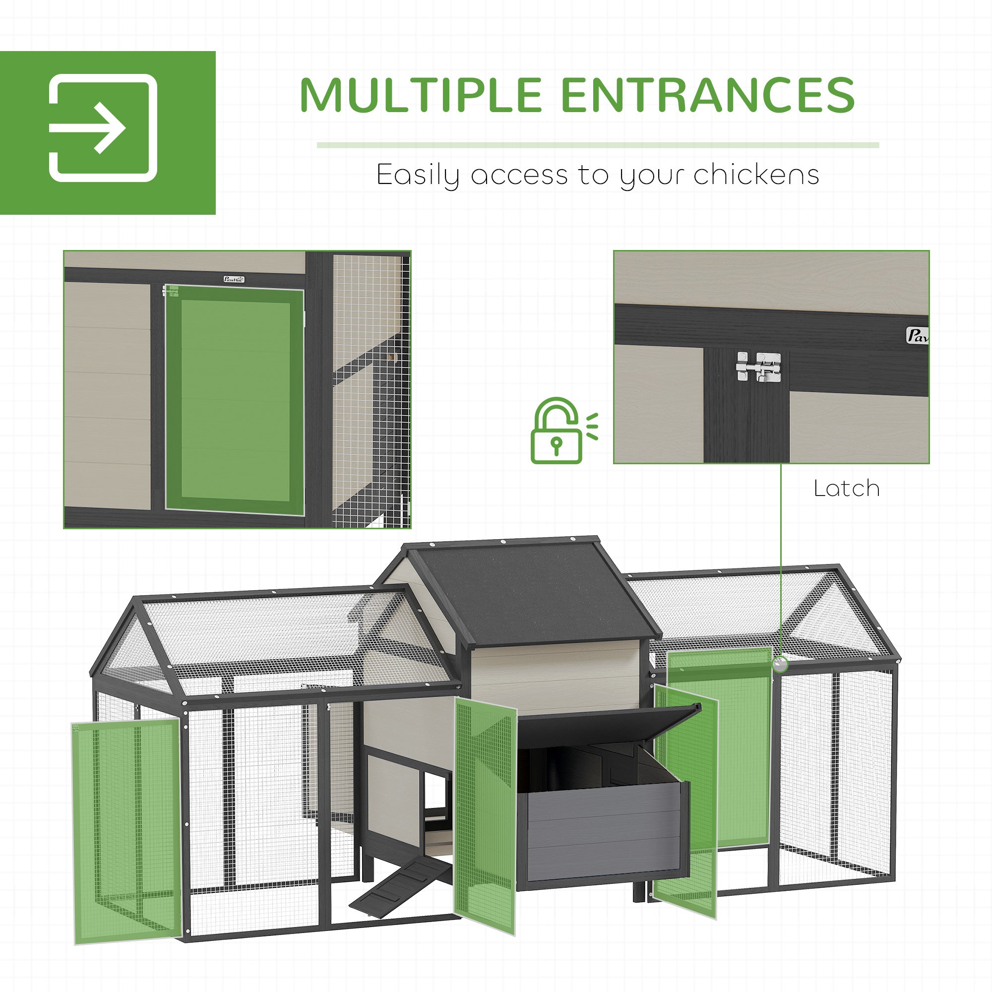 100" Chicken Coop Wooden Chicken House Large Rabbit Hutch Poultry Cage Backyard with Double Run, Nesting Box, Gray - Gray - Image 5