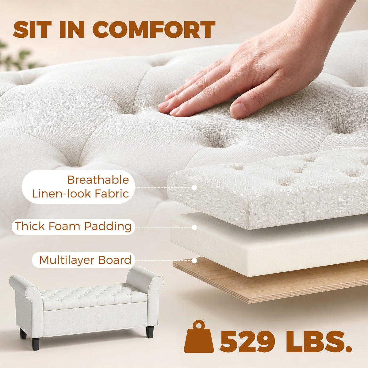 47" Storage Ottoman Bench, Tufted End of Bed Bench with Rolled Arms, Safety Hinge, Wood Legs for Bedroom, Cream White