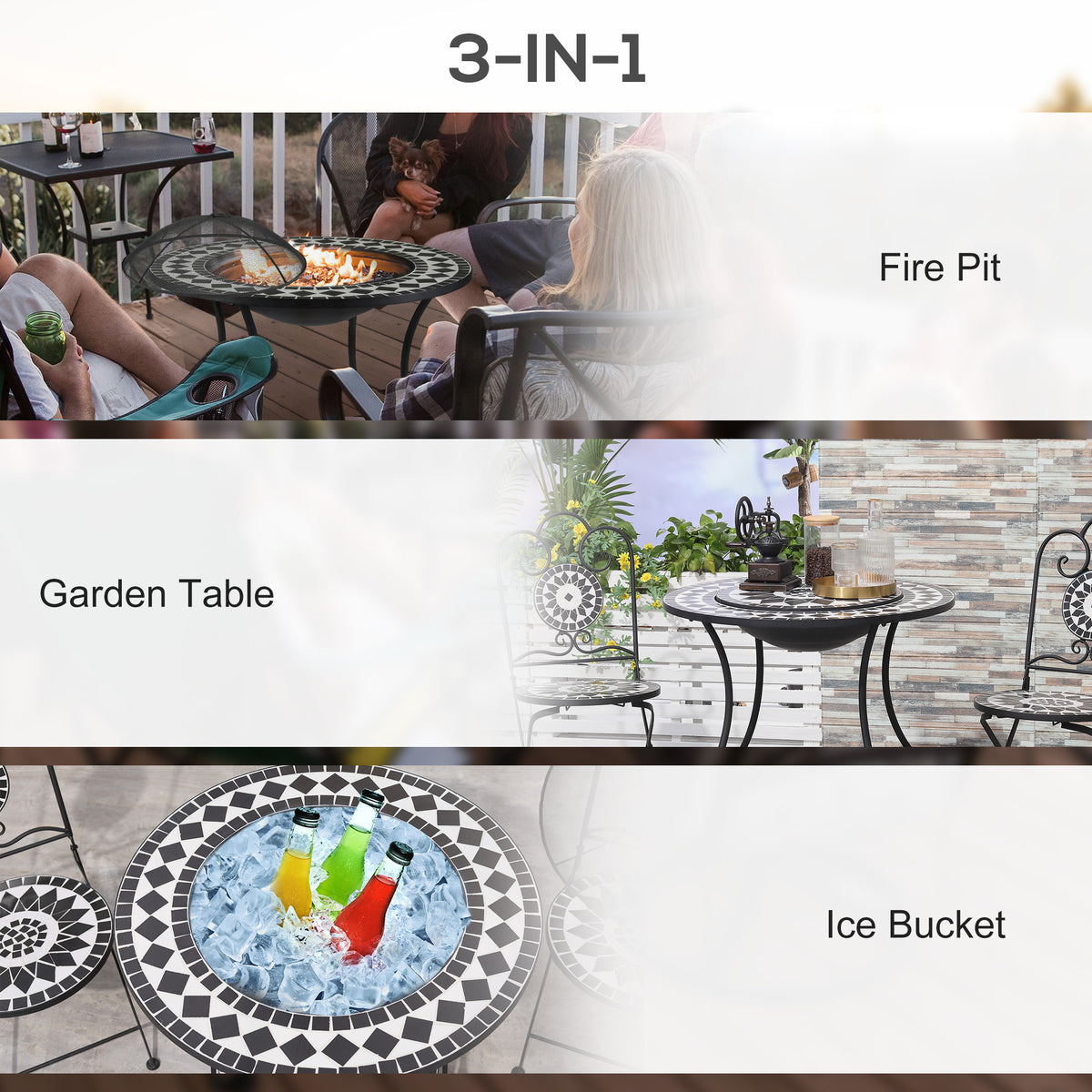 30" Outdoor Fire Pit Dining Table, 3-in-1 Round Wood Burning Fire Pit Bowl, Patio Ice Bucket with Storage Shelf
