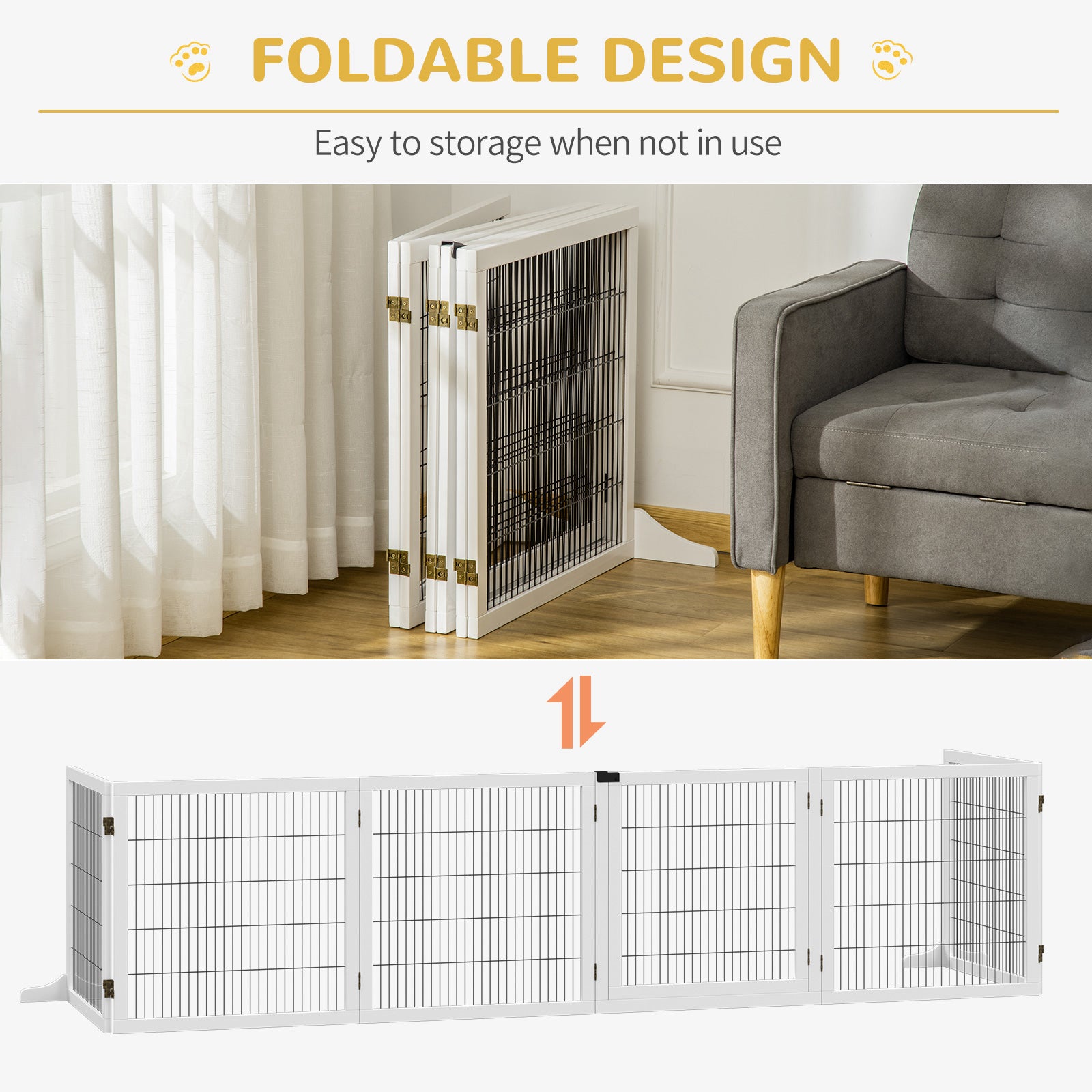 Wooden Pet Gate, 6-Panel Folding Dog Safety Barrier with Support Feet for Small & Medium Dogs, White - White - Image 6