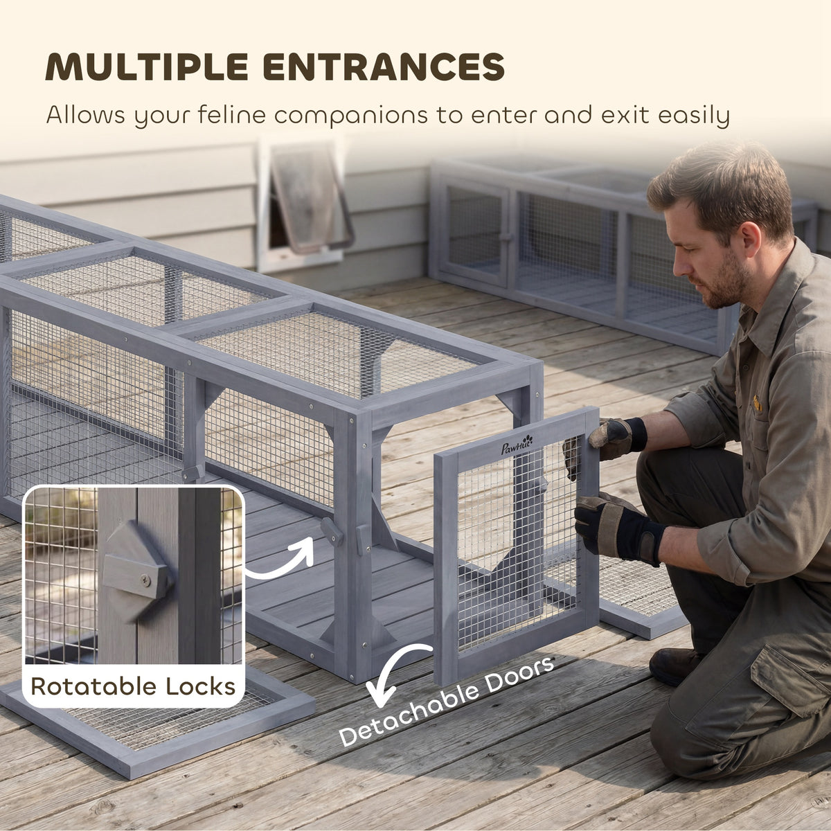 Wooden Cat Run with Weather Protection, Connecting Inside and Outside, 79"L x 15"W x 15"H, Dark Gray
