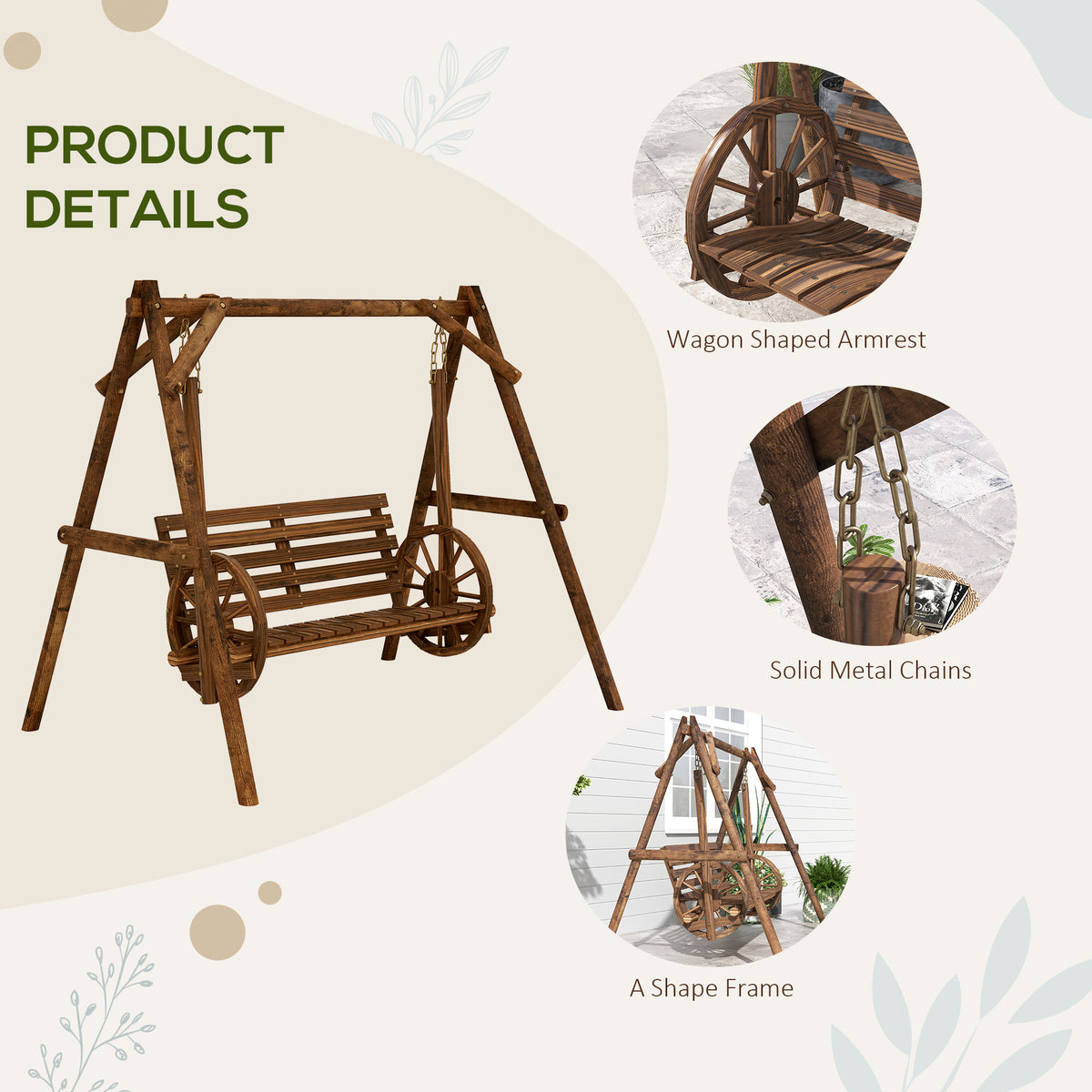 2-Seat Porch Swing with A-Frame Stand, Wooden Log Patio Swing Chair Bench with Wagon Wheel Armrests, Carbonized Brown
