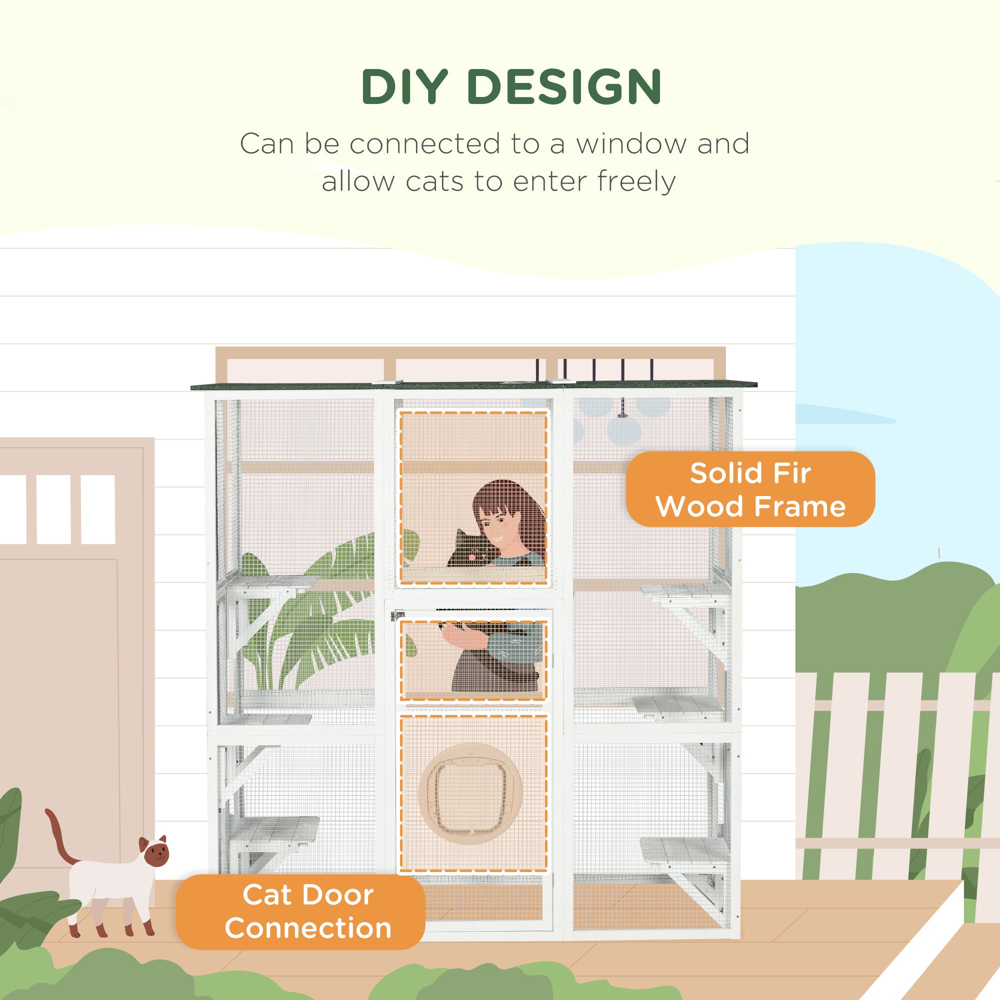 Outdoor Cat House Big Catio Wooden Feral Cat Shelter Enclosure with Large Spacious Interior, 6 High Ledges, Weather Protection Asphalt Roof, 71" L, White - White - Image 4