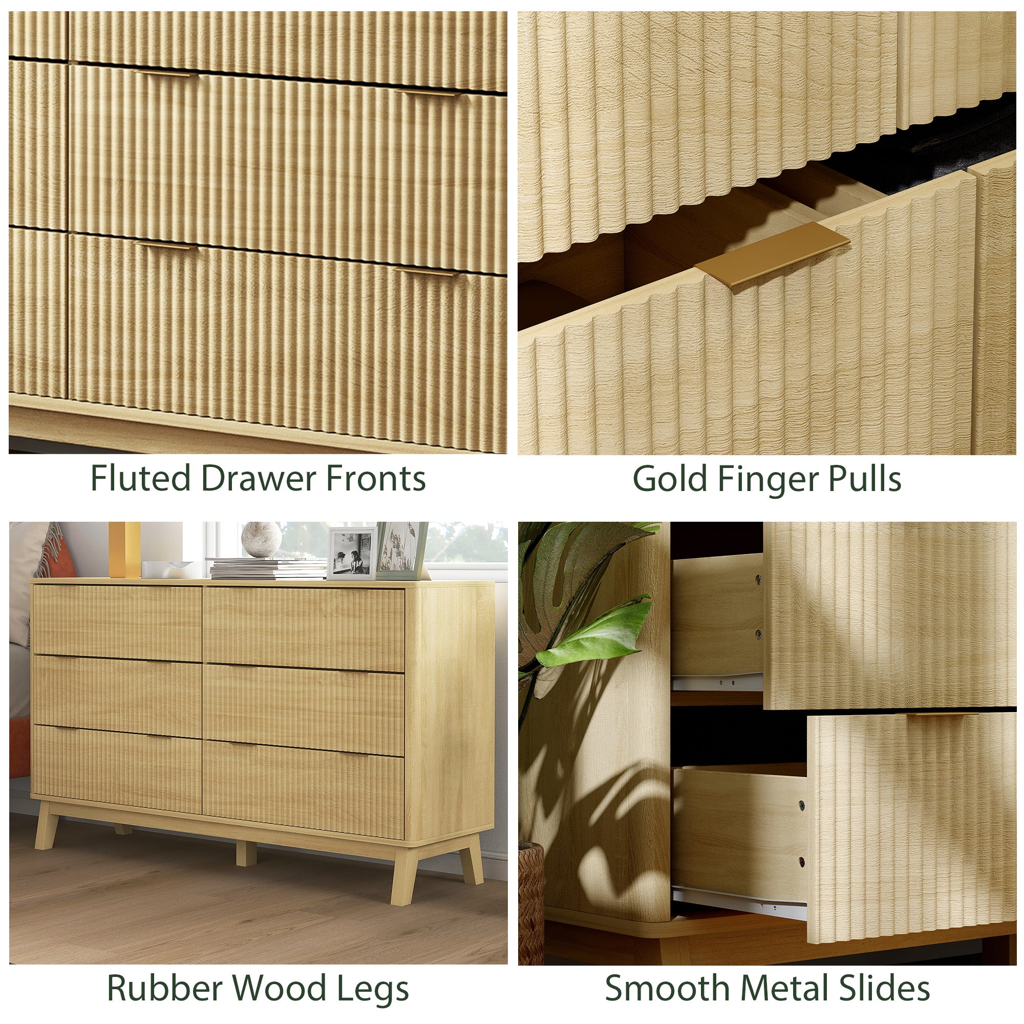 6 Drawer Double Dresser for Bedroom, Fluted Chest of Drawers with Gold Finger Pulls and 5 Wood Legs, Natural Wood