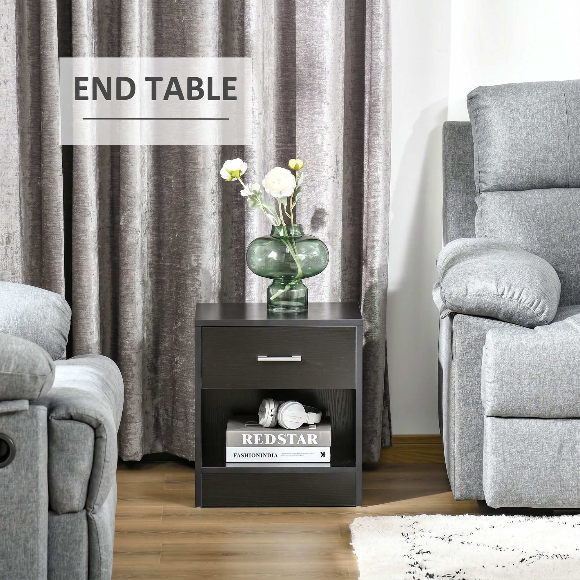Modern Side Table with Drawer and Storage Shelf, End Table for Living Room, Black Wood Grain