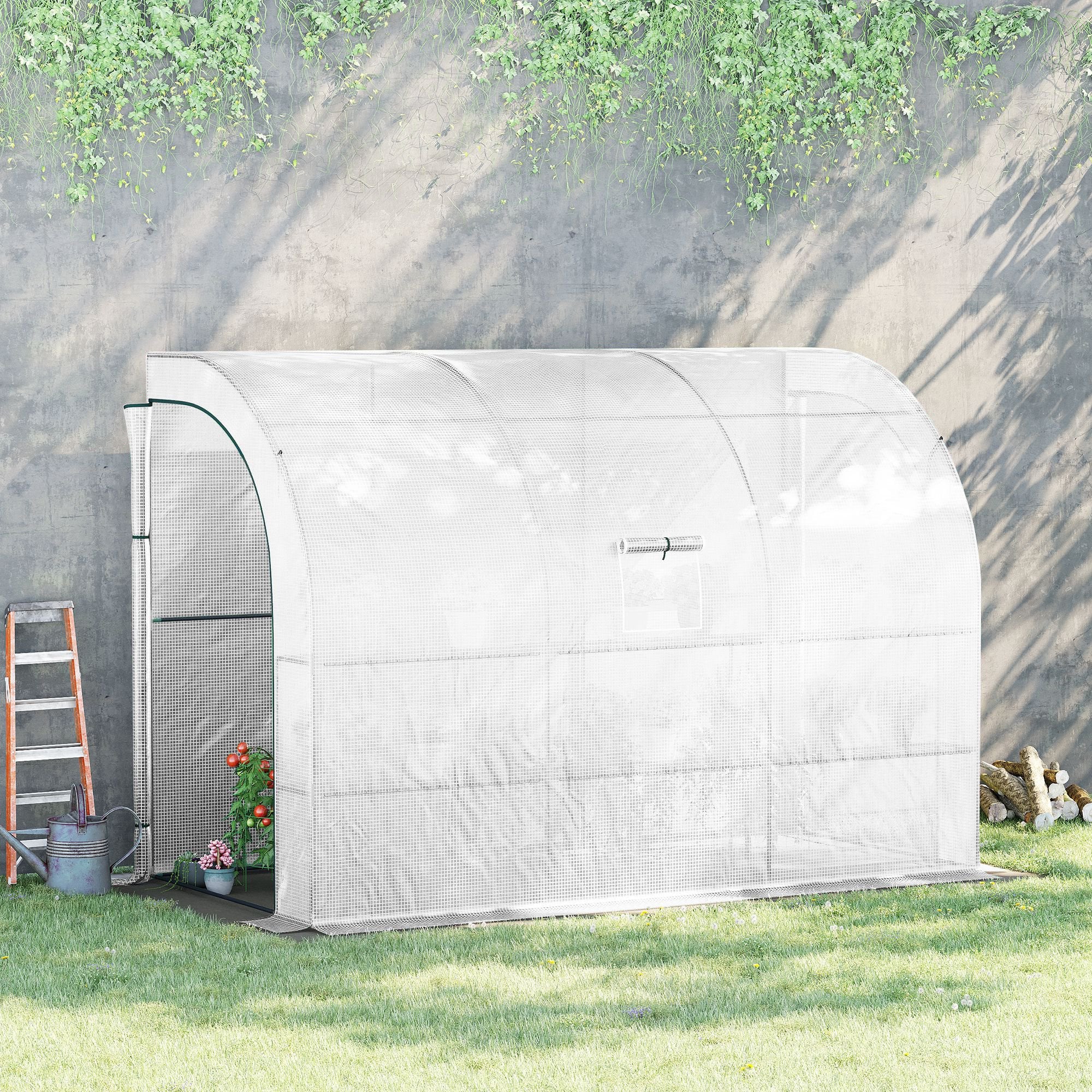 10' x 5' x 7' Outdoor Walk-In Greenhouse, Plant Nursery with Zippered Doors, PE Cover and 3 Wire Shelves, White - White - Image 2