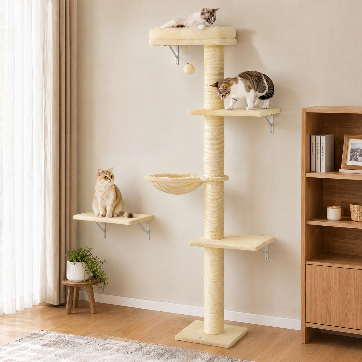 Cat Wall Shelves, 3-in-1 Cat Wall Furniture Set with Scratching Post for Indoor Kittens Climbing Sleeping, Beige