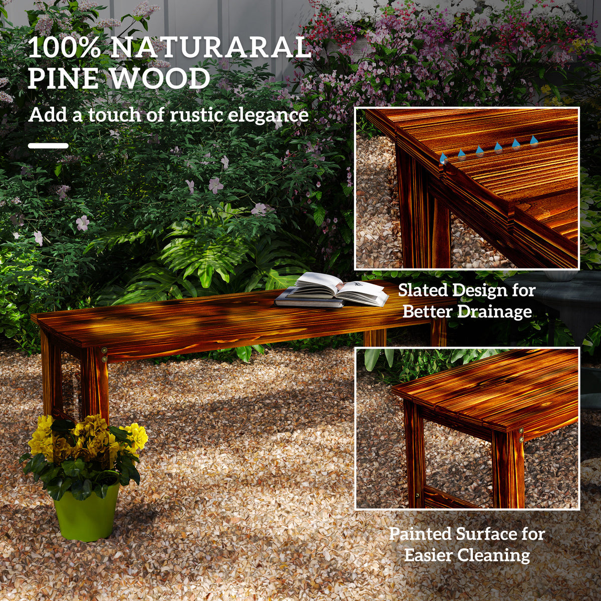 2-Seat Wood Garden Bench, Patio Bench Outdoor Bench with Slatted Seat, Backless Front Porch Bench for Park, Garden, Poolside, Deck, Carbonized