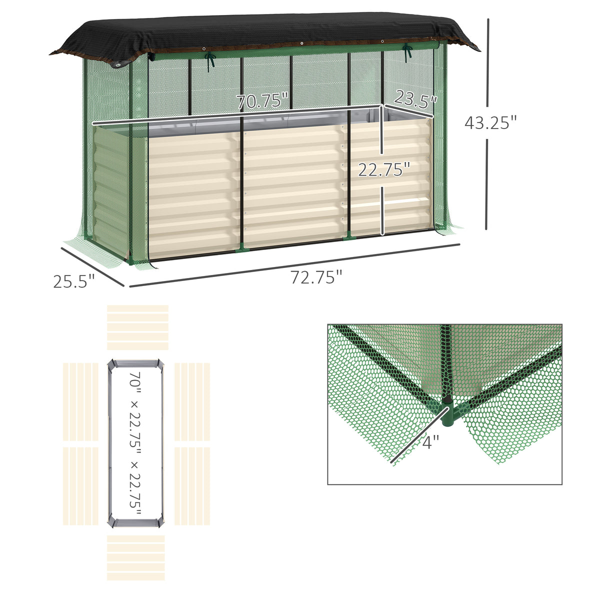 Galvanized Steel Planter Box with Crop Cage and Shade Cloth, Raised Garden Bed for Flowers, Veggies and Herbs, Beige