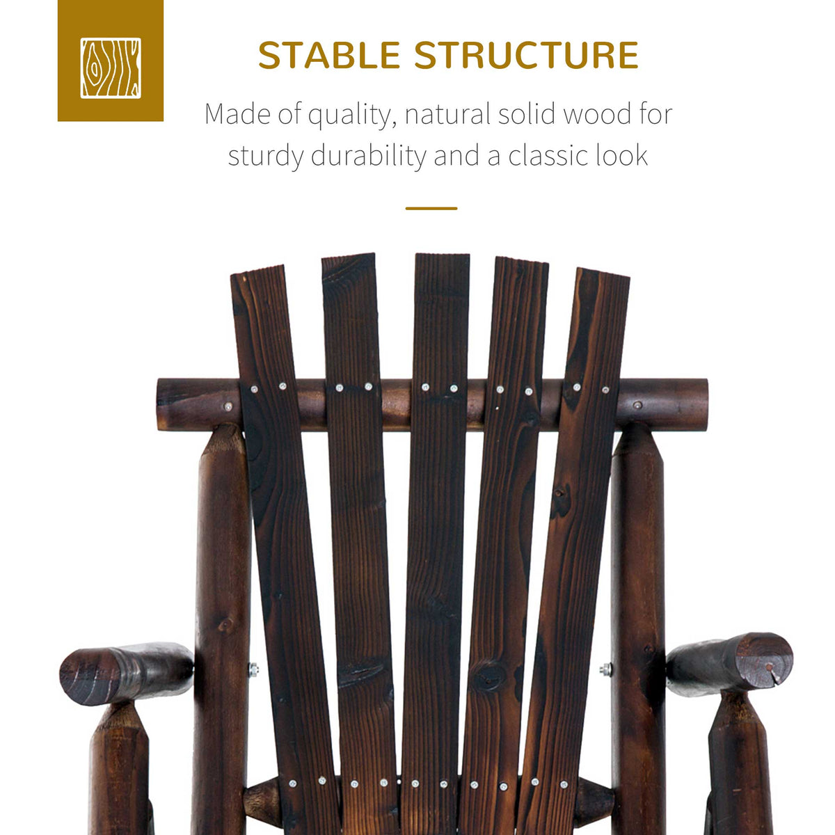 Outdoor Wooden Rocking Chair, Single-Person Rustic Adirondack Rocker with Slatted Seat, High Backrest, Armrests for Patio, Garden and Porch, Brown