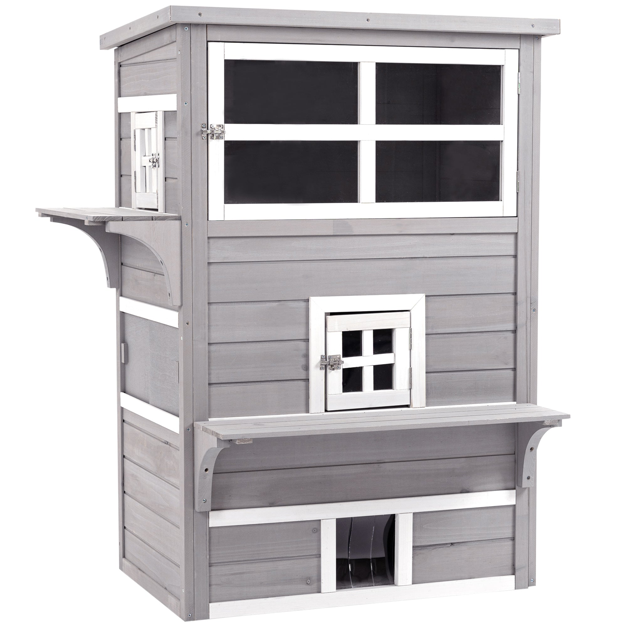 Outdoor Cat House, 3-Tier Kitty Shelter with 5 Escape Doors, Weather Resistant, Gray & White - Gray