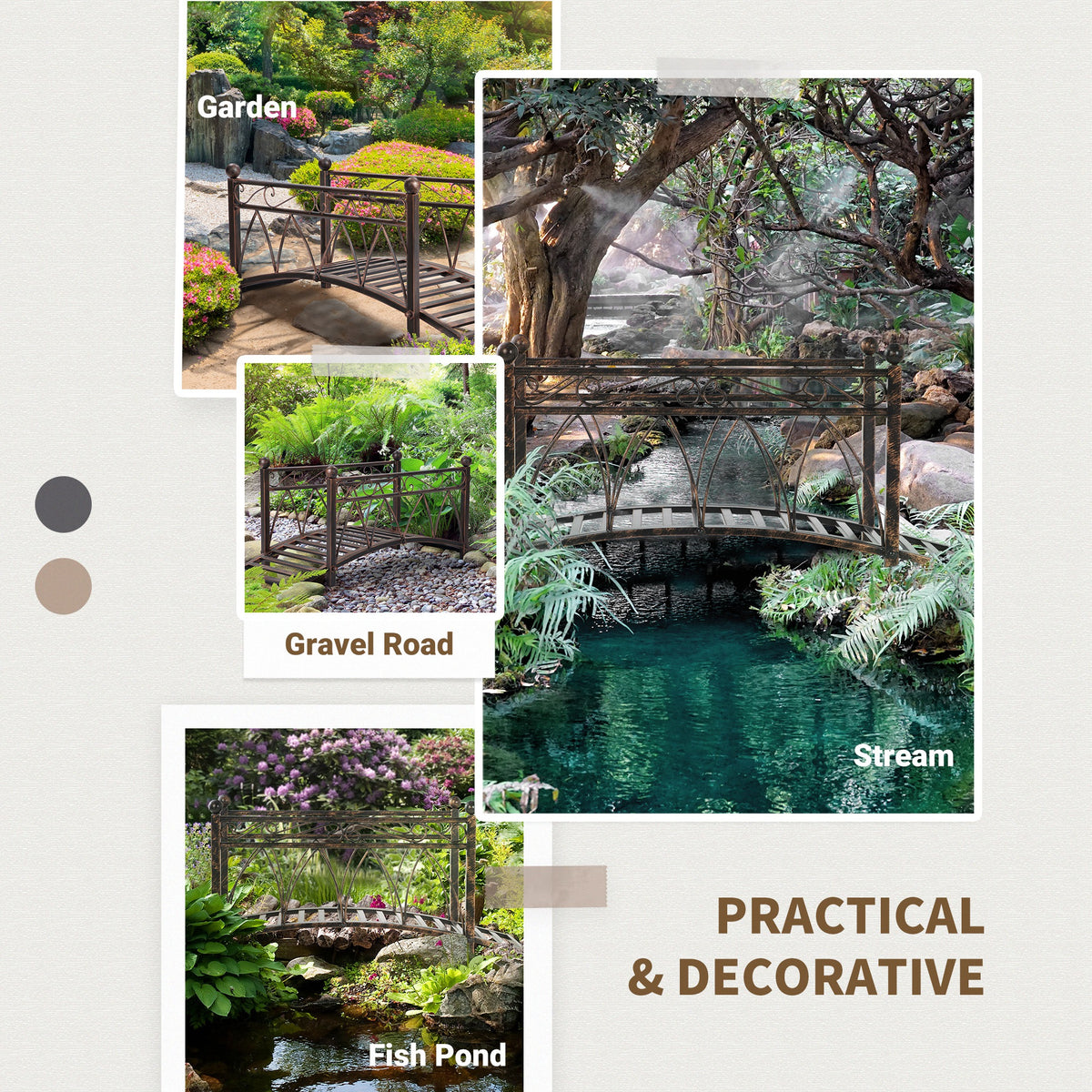 3.3' Metal Arch Zen Garden Bridge with Safety Siderails, Decorative Footbridge, Delicate Scrollwork & Corner Spheres for Stream, Fish Pond, Bronze