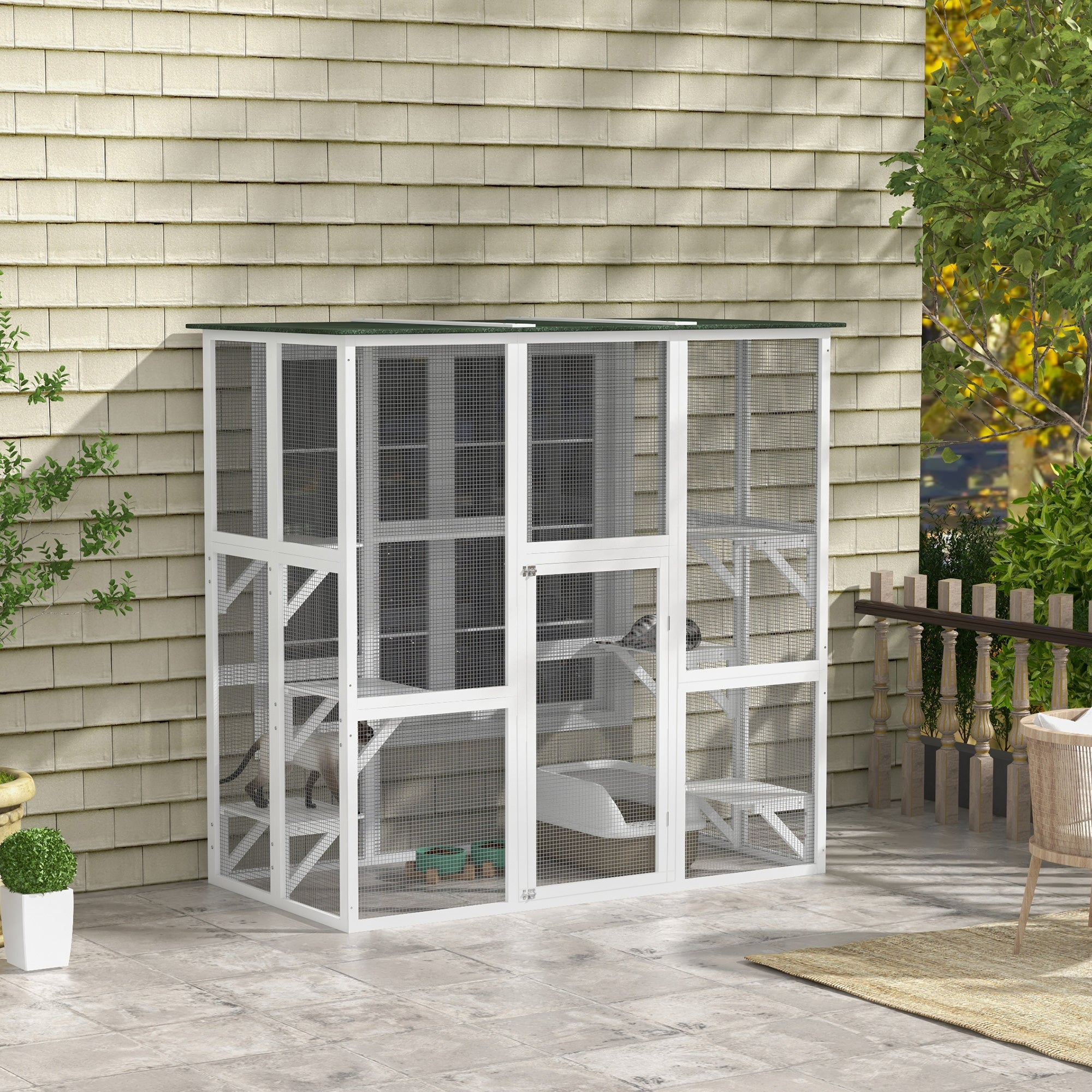 Outdoor Cat House Big Catio Wooden Feral Cat Shelter Enclosure with Large Spacious Interior, 6 High Ledges, Weather Protection Asphalt Roof, 71" L, White - White - Image 2