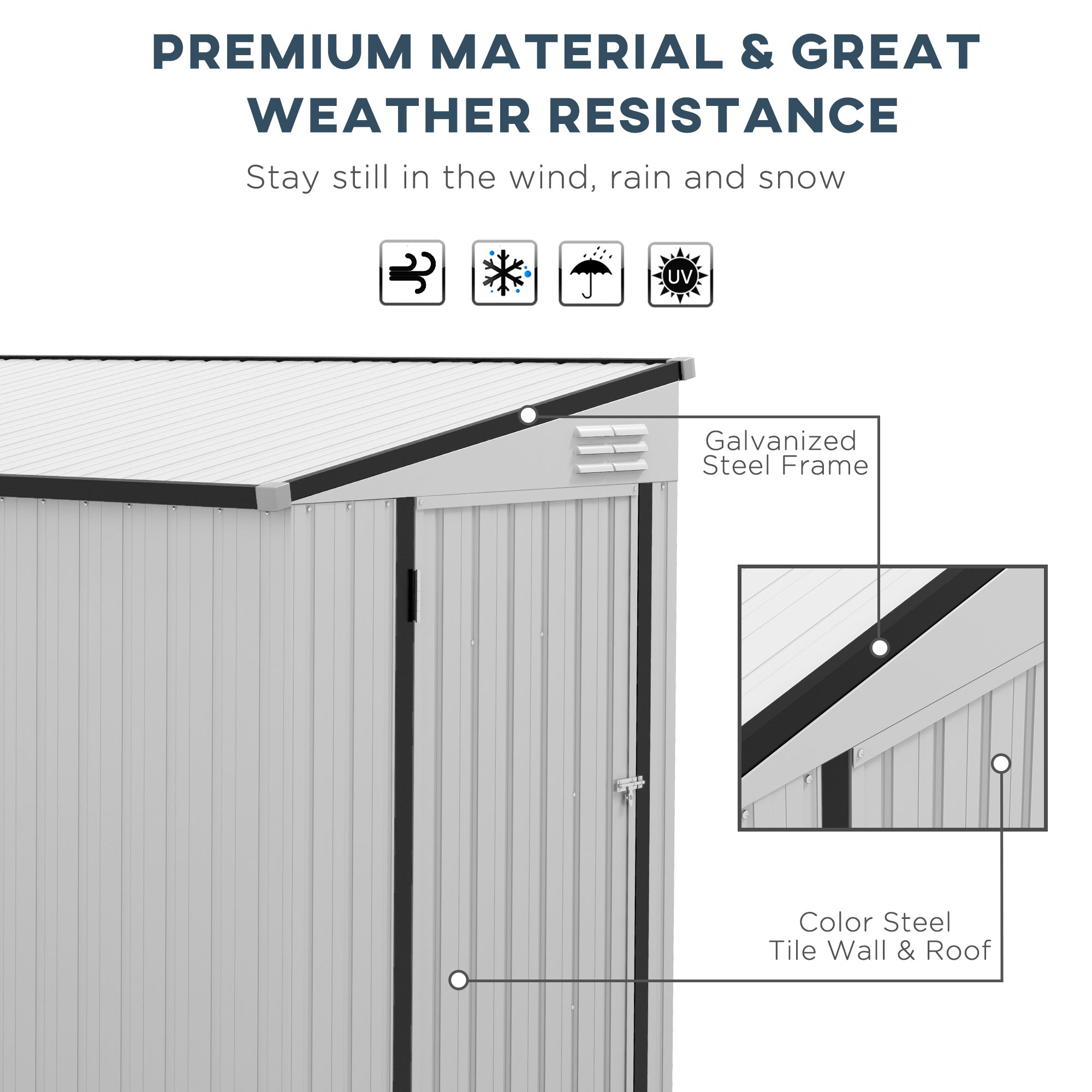 4' x 7.7' Lean to Garden Storage Shed, Outdoor Metal Tool House with Lockable Door Vents for Backyard Patio Lawn, White - White - Image 6