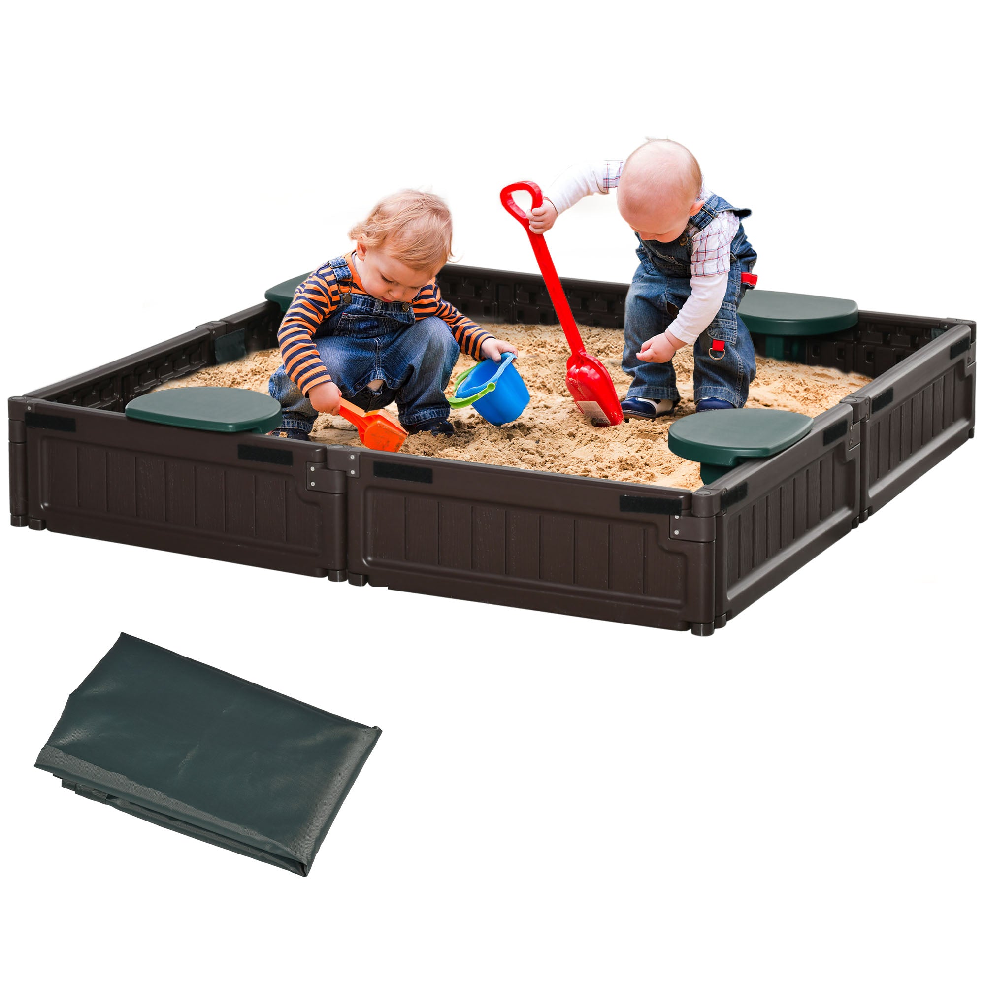Kids Outdoor Sandbox with Cover Garden Bed, Easy Assembly for Backyard, Brown, 48.5" x 48.5" x 8.25"