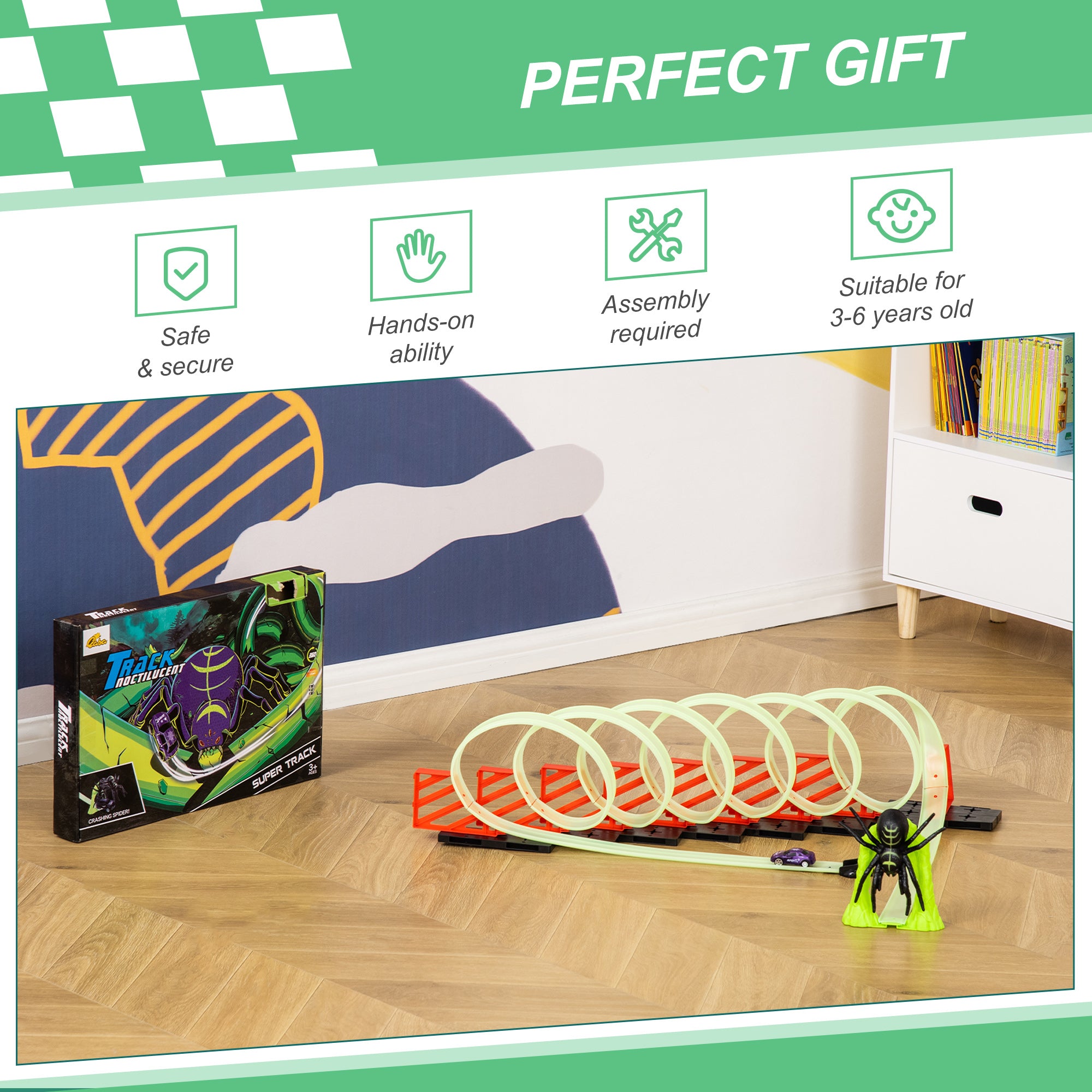 Track Builder Loop Kit Criss-Cross Glowing Race Track Toy Set Spooky Spider Fun Starter Kit, with Pull-back Car for Kids 3-6 years old, Lime Green