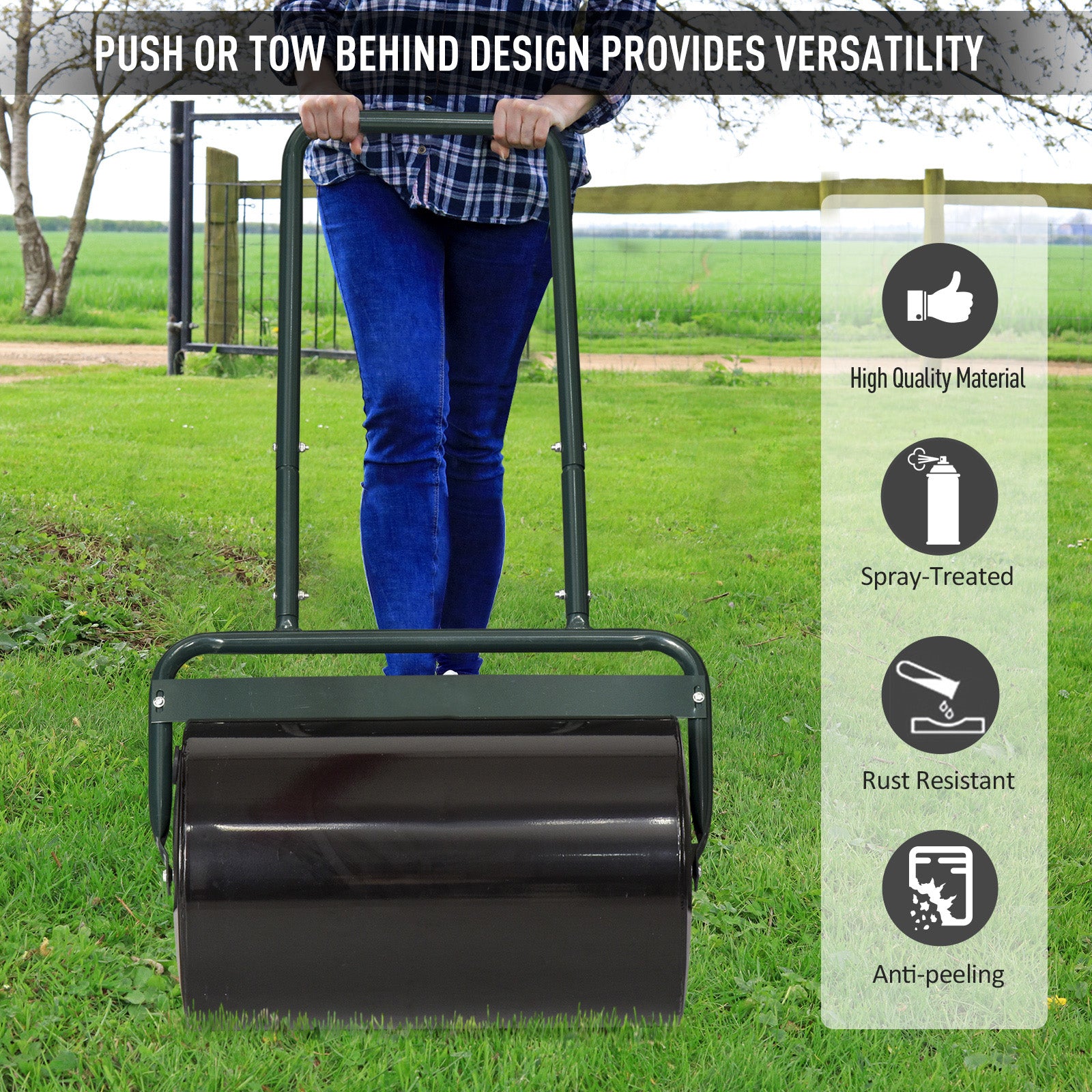 20-Inch Push/Tow Behind Lawn Roller Filled with 10 Gal Water or Sand for Flattening Sod in the Garden, Dark Green - Dark Green - Image 4
