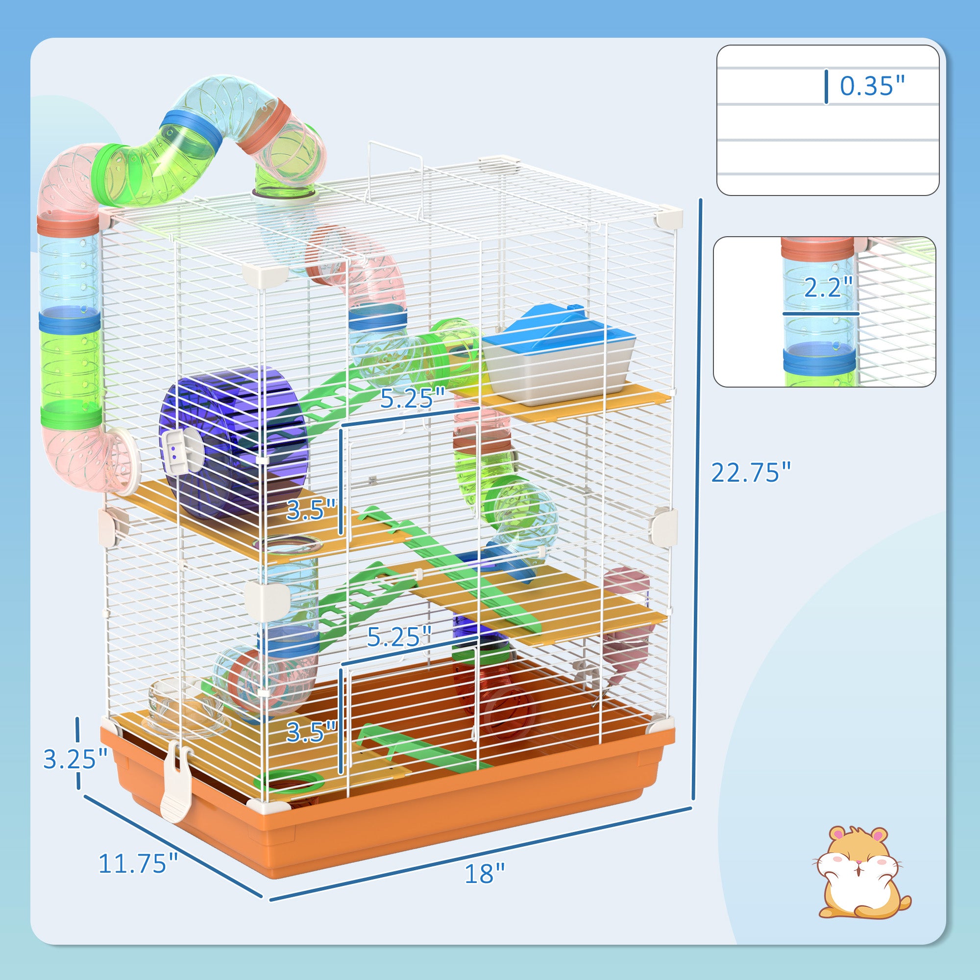 5 Tiers Hamster Cage Portable Animal Travel Carrier w/ Exercise Wheels Tube, Orange - Orange - Image 3