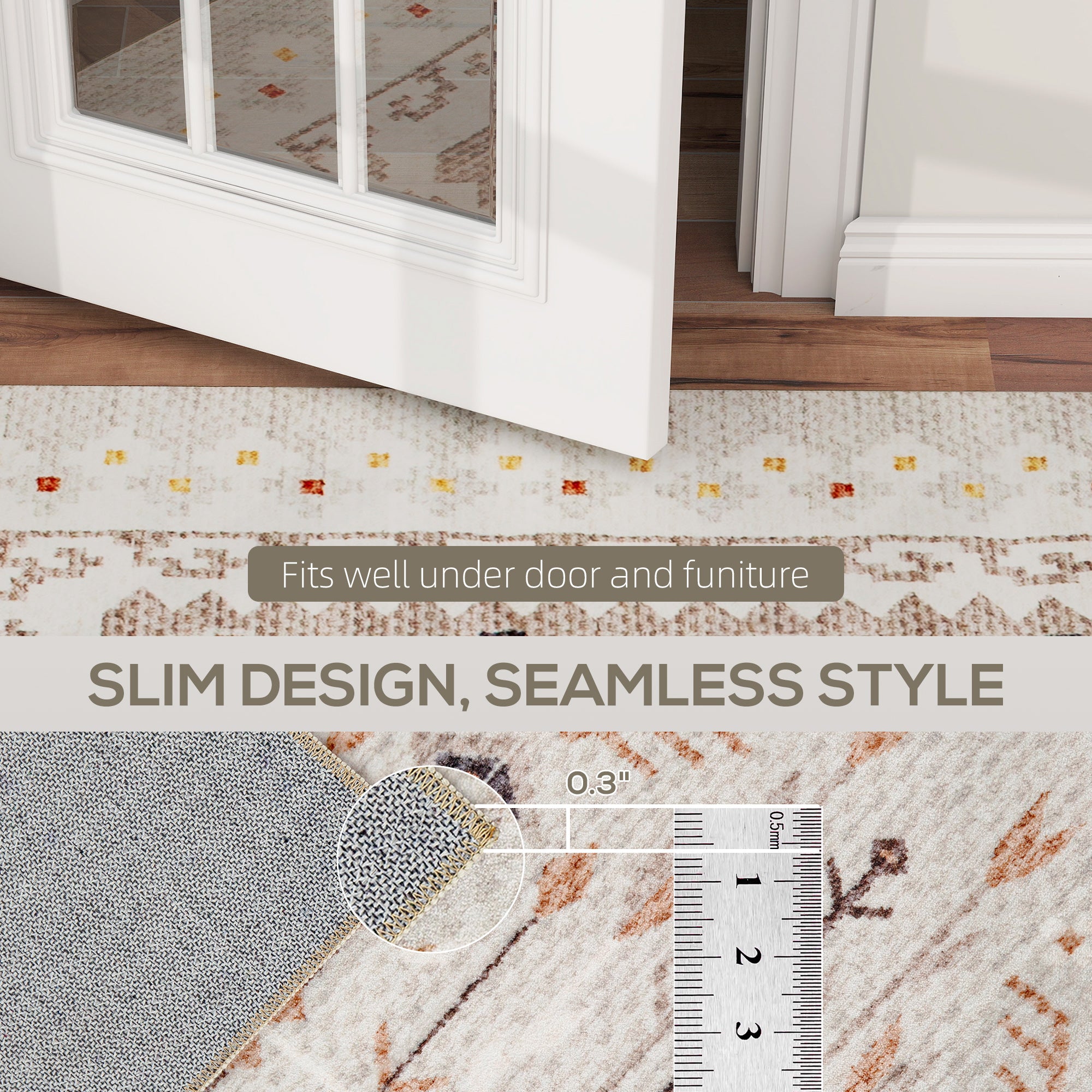 Machine Washable Area Rug 8x10, Non-Slip Boho Flannel Print Floor Carpet for Living Room, Bedroom, Dining Room, Brown