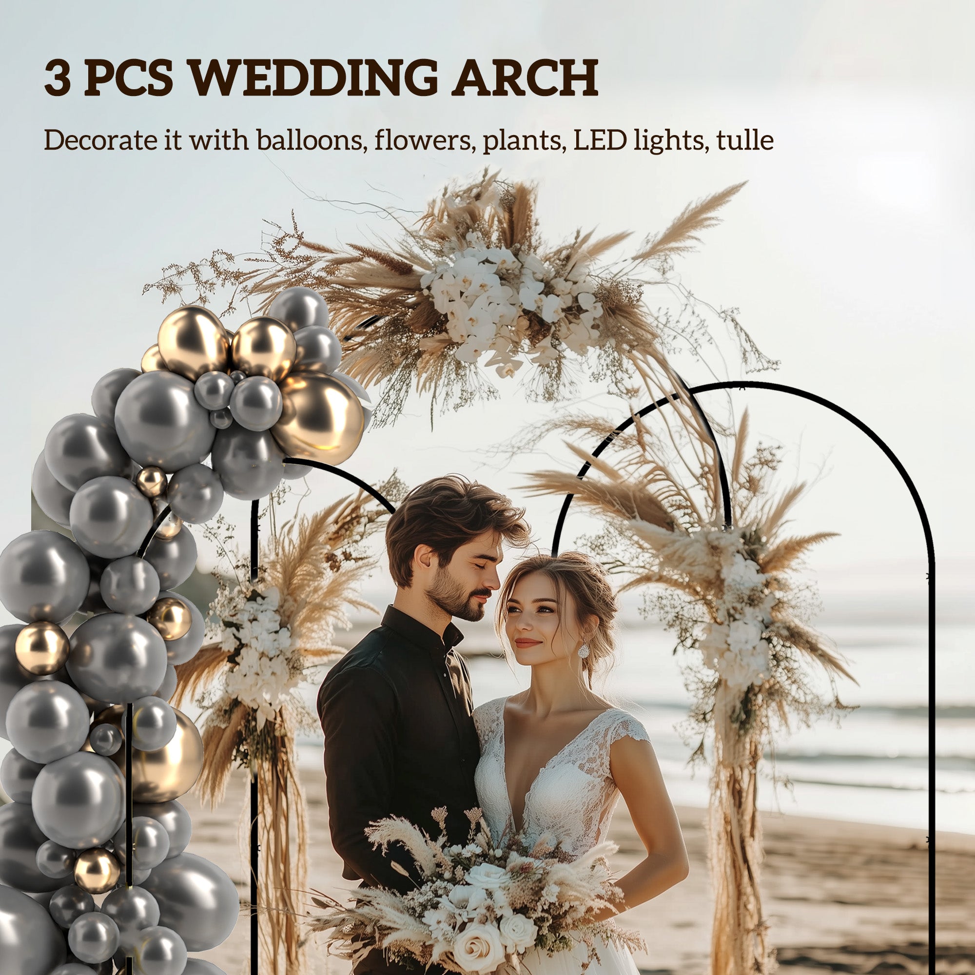 Metal Arch Backdrop Stand Set of 3, 7/6.5/6 ft Wedding Arch Frame, Balloon Backdrop Arch Stand Set for Birthday Party, Bridal Shower, Graduation, Ceremony, Banquet Decorations, Black - Black - Image 4