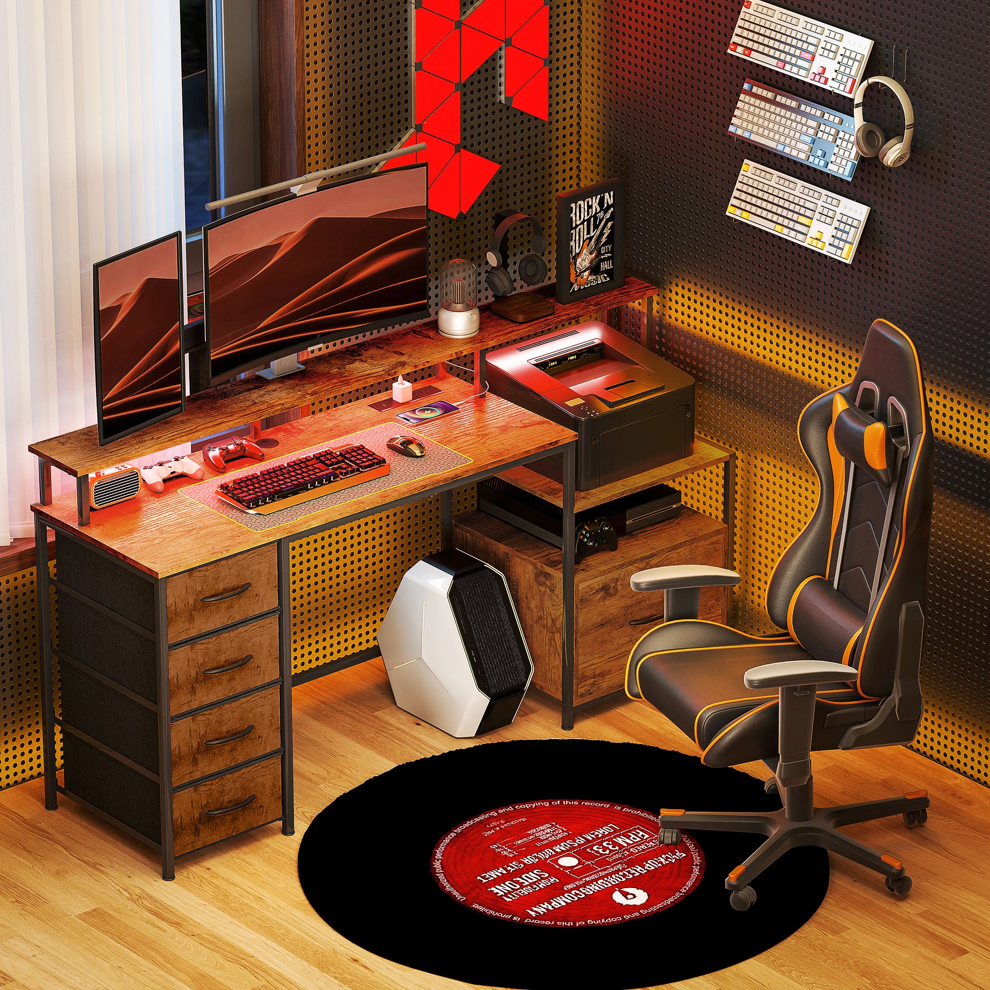 Computer Desk with Power Outlets and LED Lights, 67" Computer Table with File Cabinet and Fabric Drawers, Rustic Brown