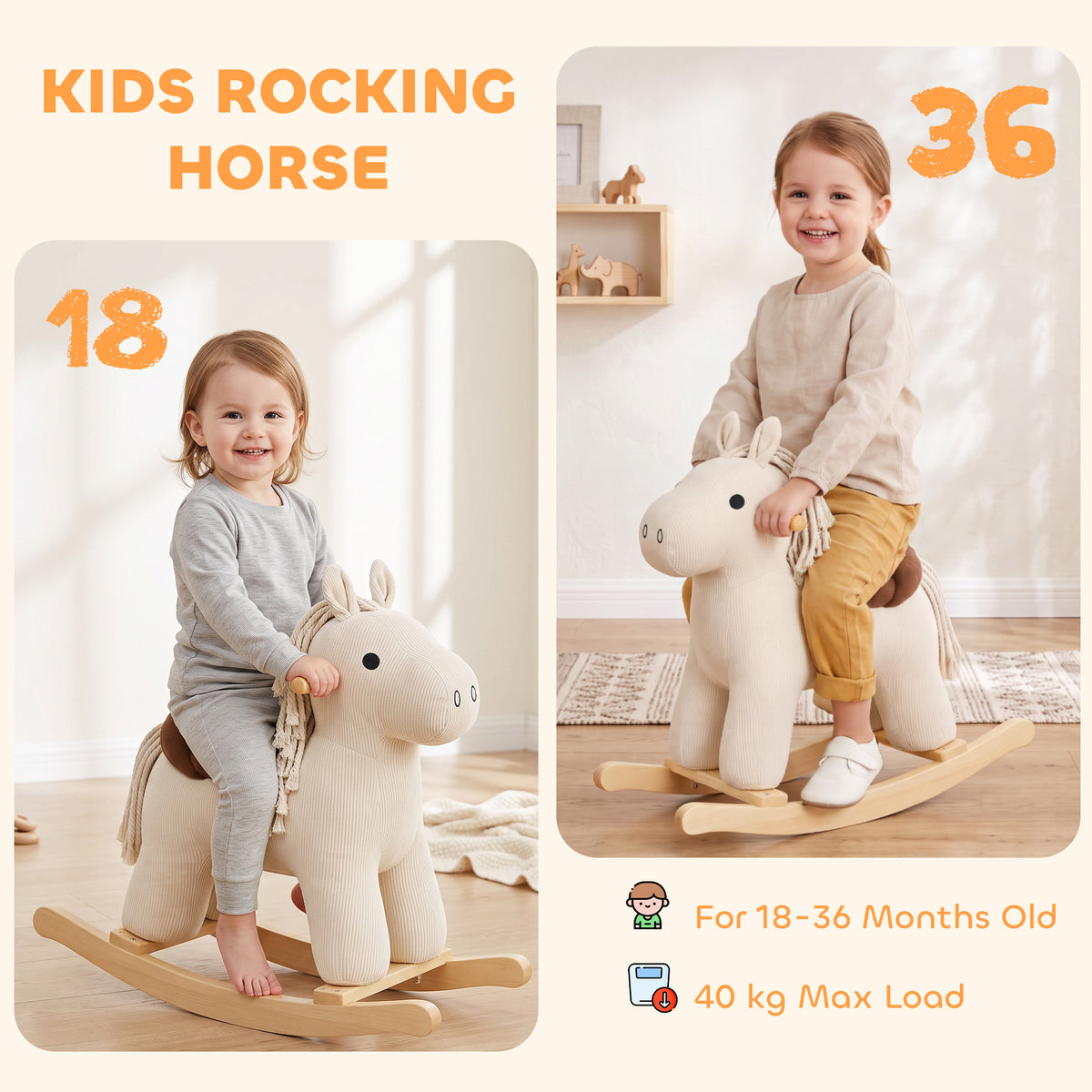 Baby Rocking Horse, Wooden Ride on Horse Toy with Realistic Sound and Rocking Limiter, Plush Ride-On Rocker for Toddlers