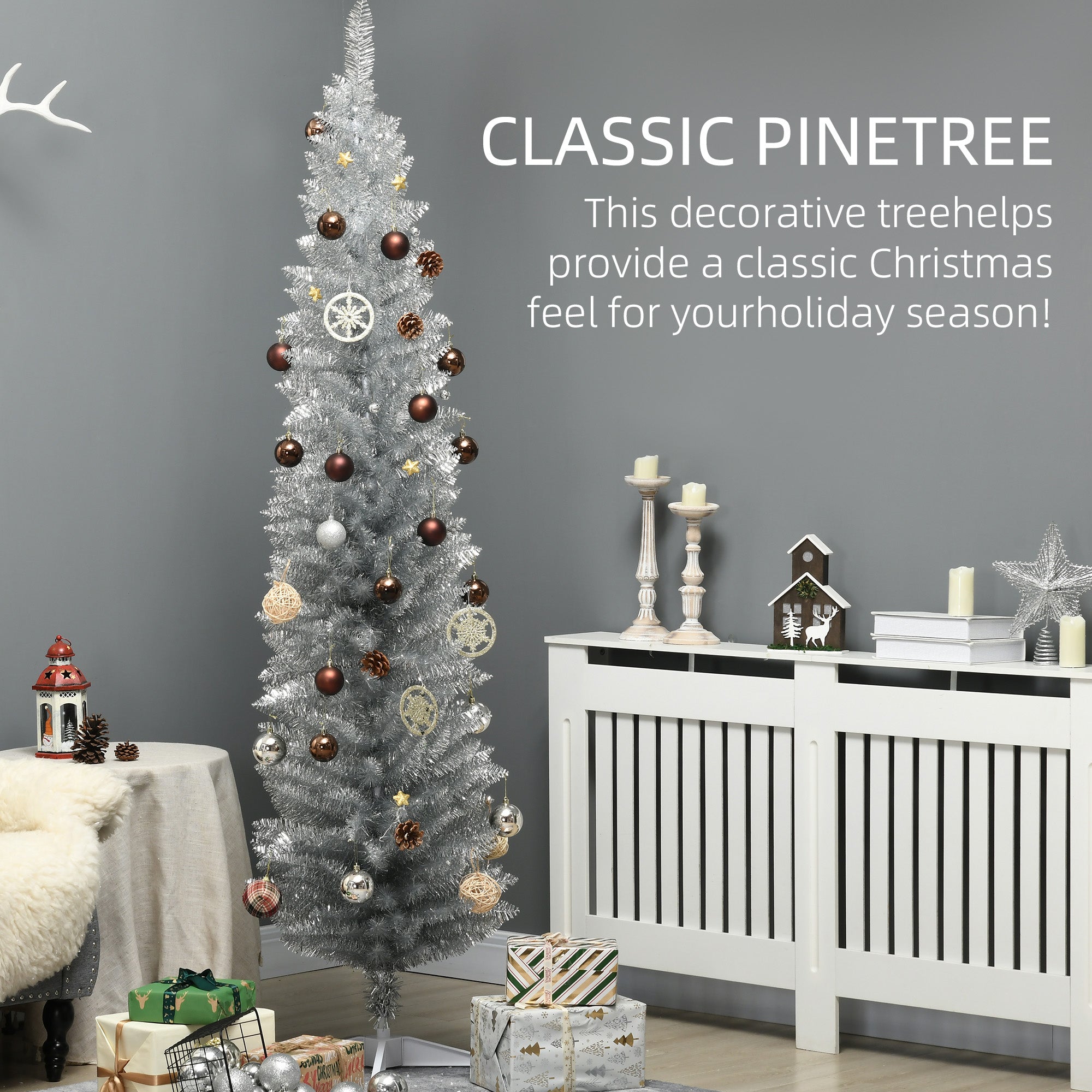 7ft Unlit Pencil Artificial Christmas Tree with Realistic Branches and 499 Tips, Plastic Base, Silver