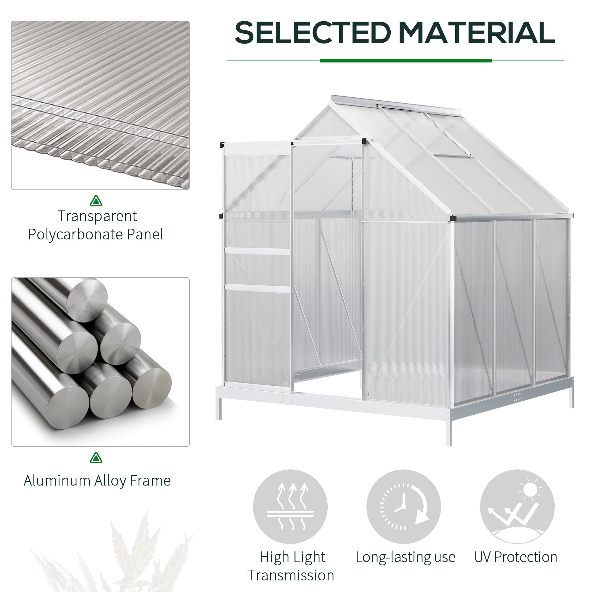 6' x 6' x 6.5' Polycarbonate Greenhouse with Aluminum Frame, Walk-in Heavy Duty Green House with Adjustable Roof Vent, Rain Gutter and Sliding Door for Winter, Silver - Silver - Image 4
