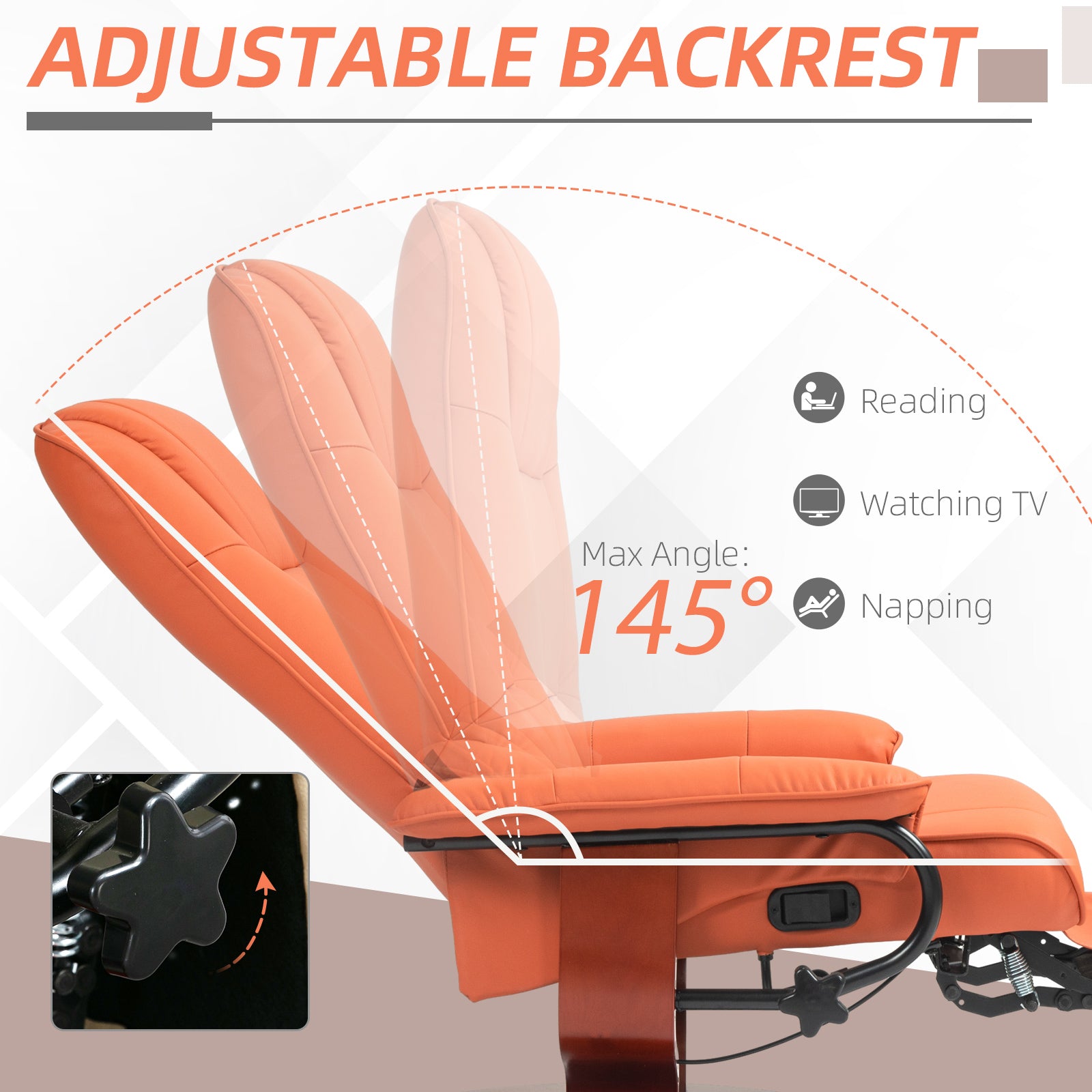 Faux Leather Recliner Chair, Swivel Recliner with Footrest, Armrest and Wood Base for Living Room, Orange