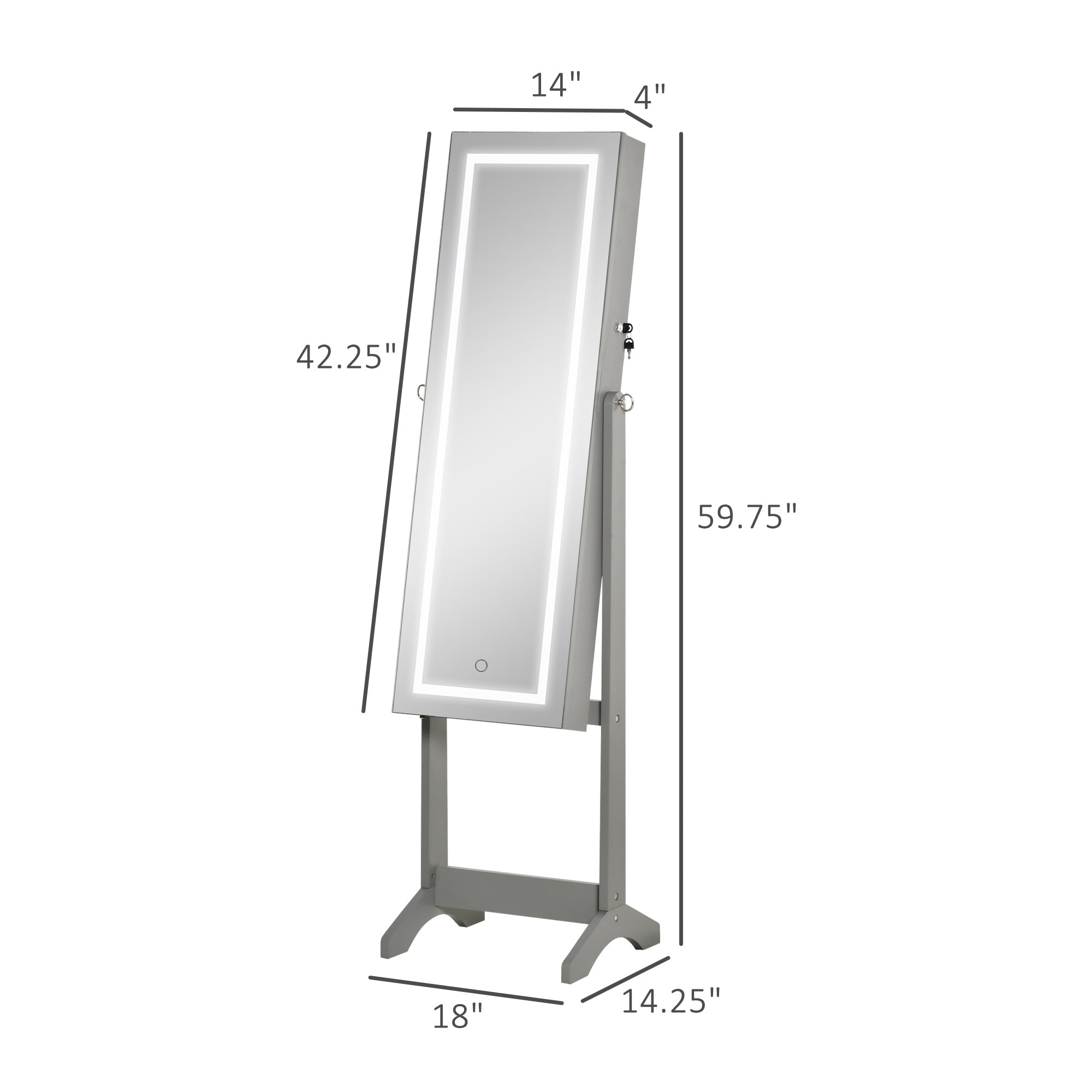 Floor Standing Jewelry Cabinet with LED Light, Lockable Jewelry Organizer with Full-Length Mirror, and 4 Adjustable Angles, Grey