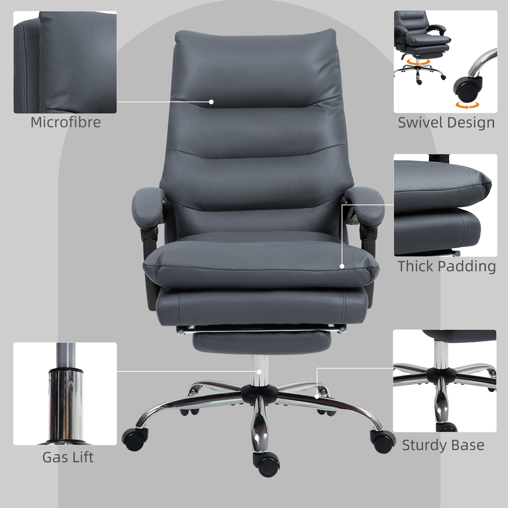 Microfibre Massage Office Chair, Heated Reclining Chair with Footrest, Double-tier Padding, Swivel Wheels, Dark Gray