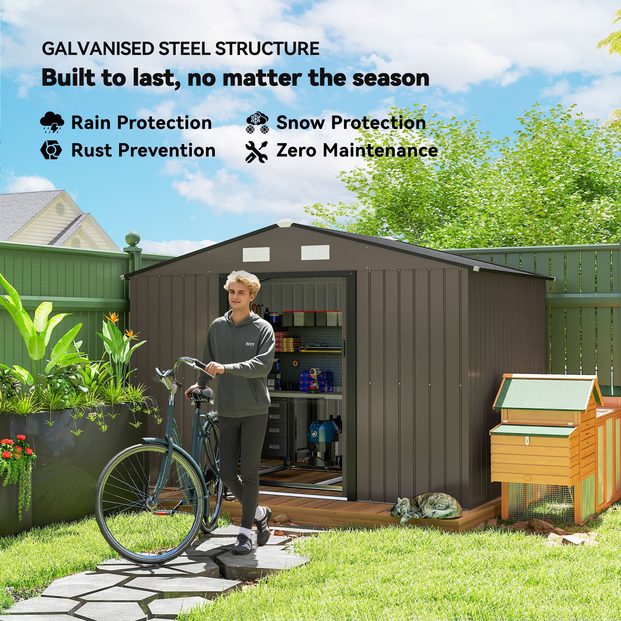 Outdoor Shed Garden Storage Shed Tool Storage Building with 4 Vents and 2 Sliding Doors, 9 x 6 FT, Brown - Brown - Image 4