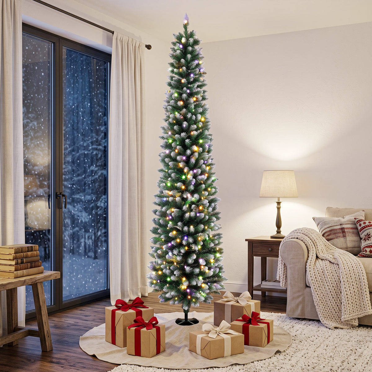 8ft Pencil Prelit Christmas Tree, Dual Color LEDs, Flocked, Remote, Slim Xmas Tree with 11 Modes, Green White