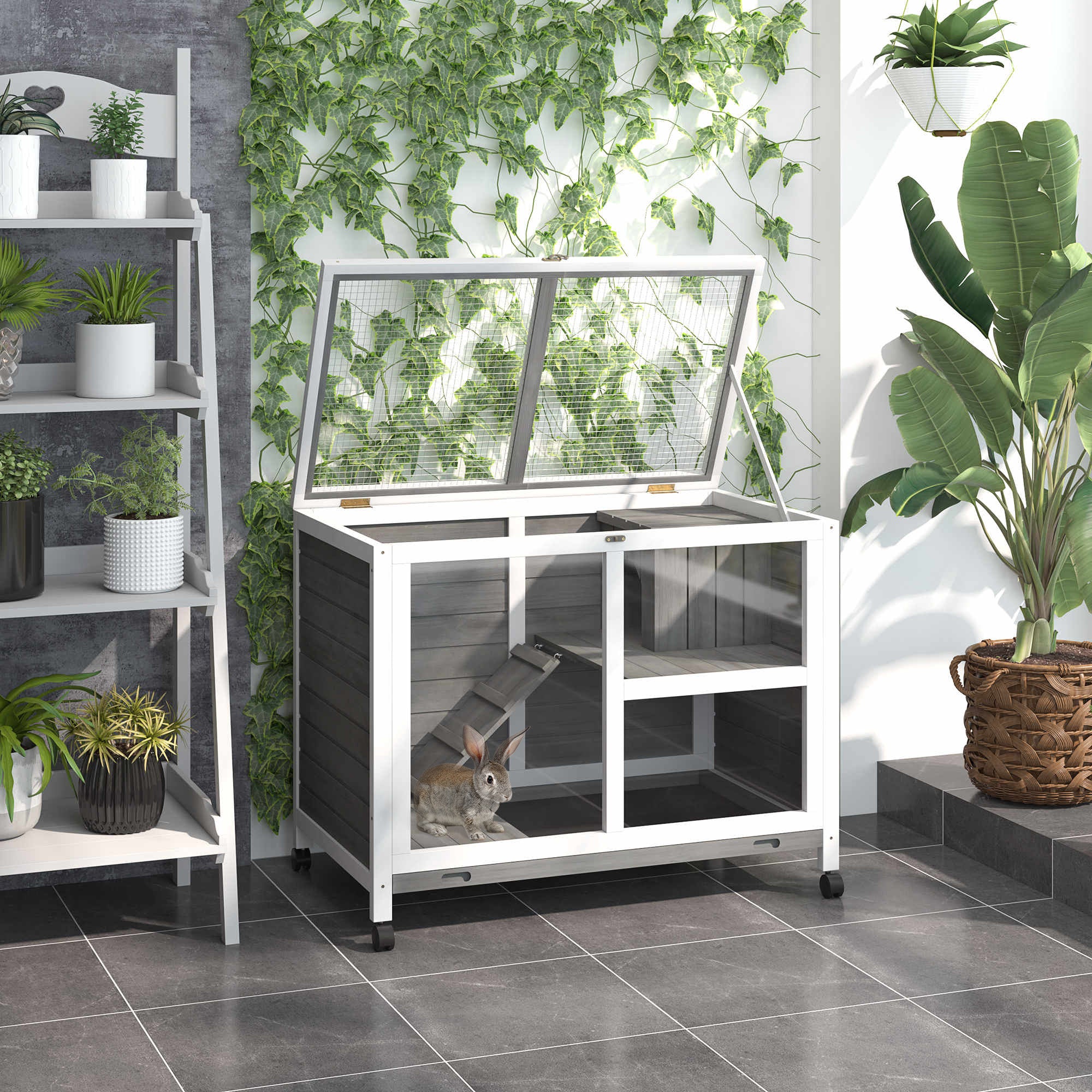 Desk/Table Sized Rabbit Hutch with Wheels - Grey - Image 2