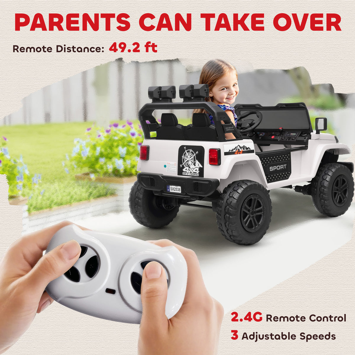 Qaba Ride on Truck Car with 2-Seater, 24V Electric Car with 4 Motors, Remote Control, Spring Suspension for 3-8 Years, White