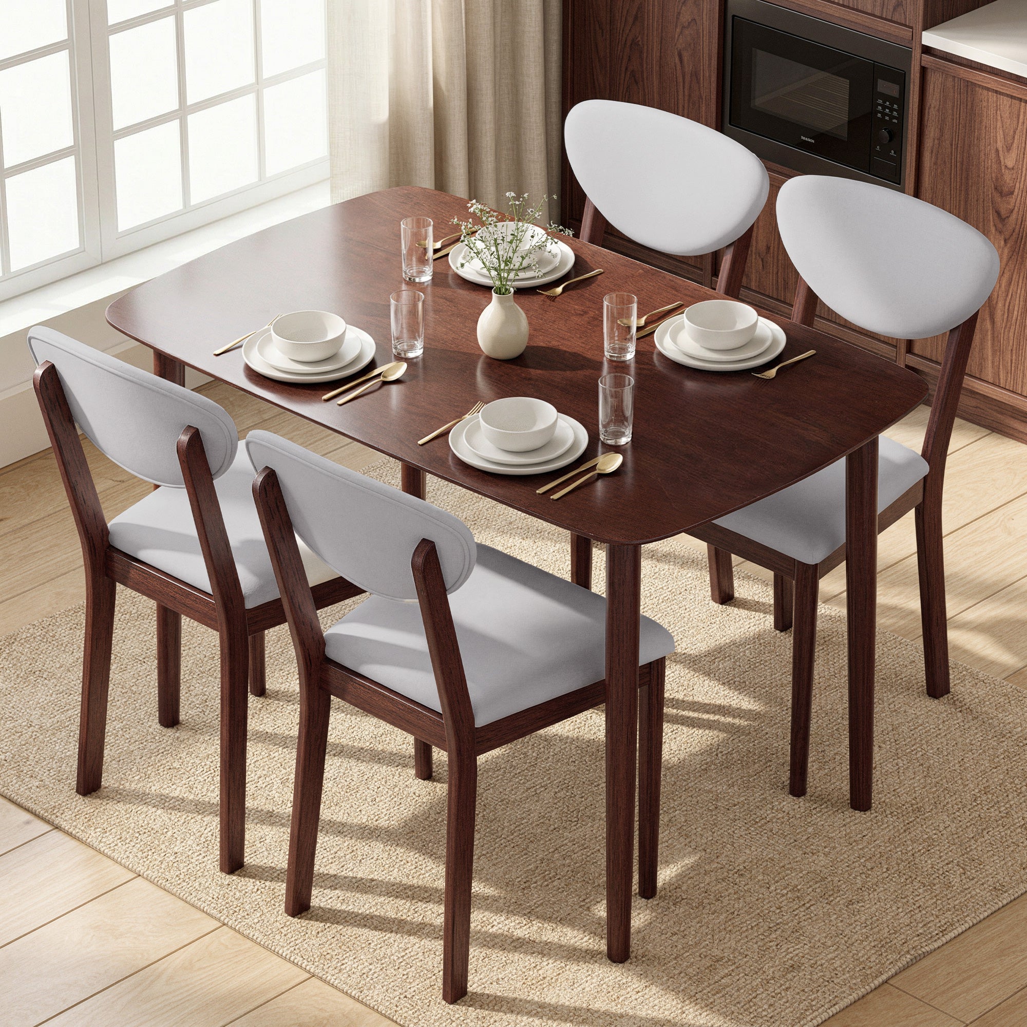 5-Piece Dining Table Set for 4, Mid-Century Modern Kitchen Table and Chairs, Light Gray