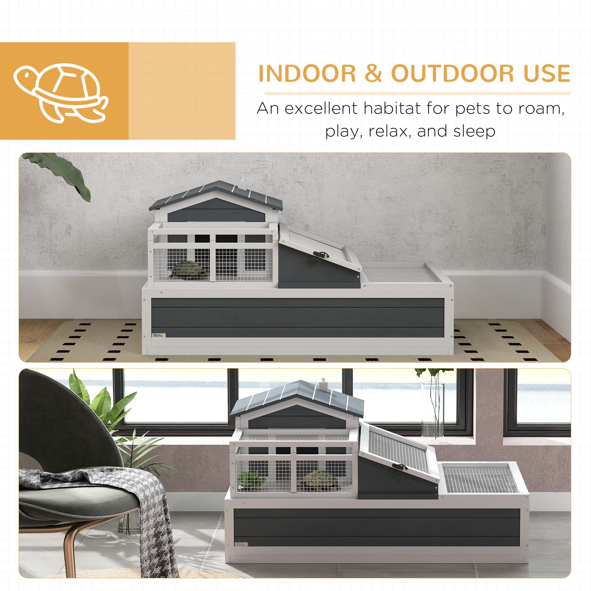 3-Room Tortoise Habitat House w/ Balcony & 2 Stories, 44" x 25.5" x 23", Gray - Gray - Image 8