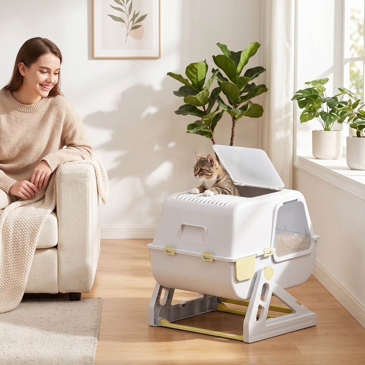 Semi-Automatic Quick Cleaning Cat Litter Box with Lid, Enclosed Cat Litter Box, Flip-to-Clean, Yellow