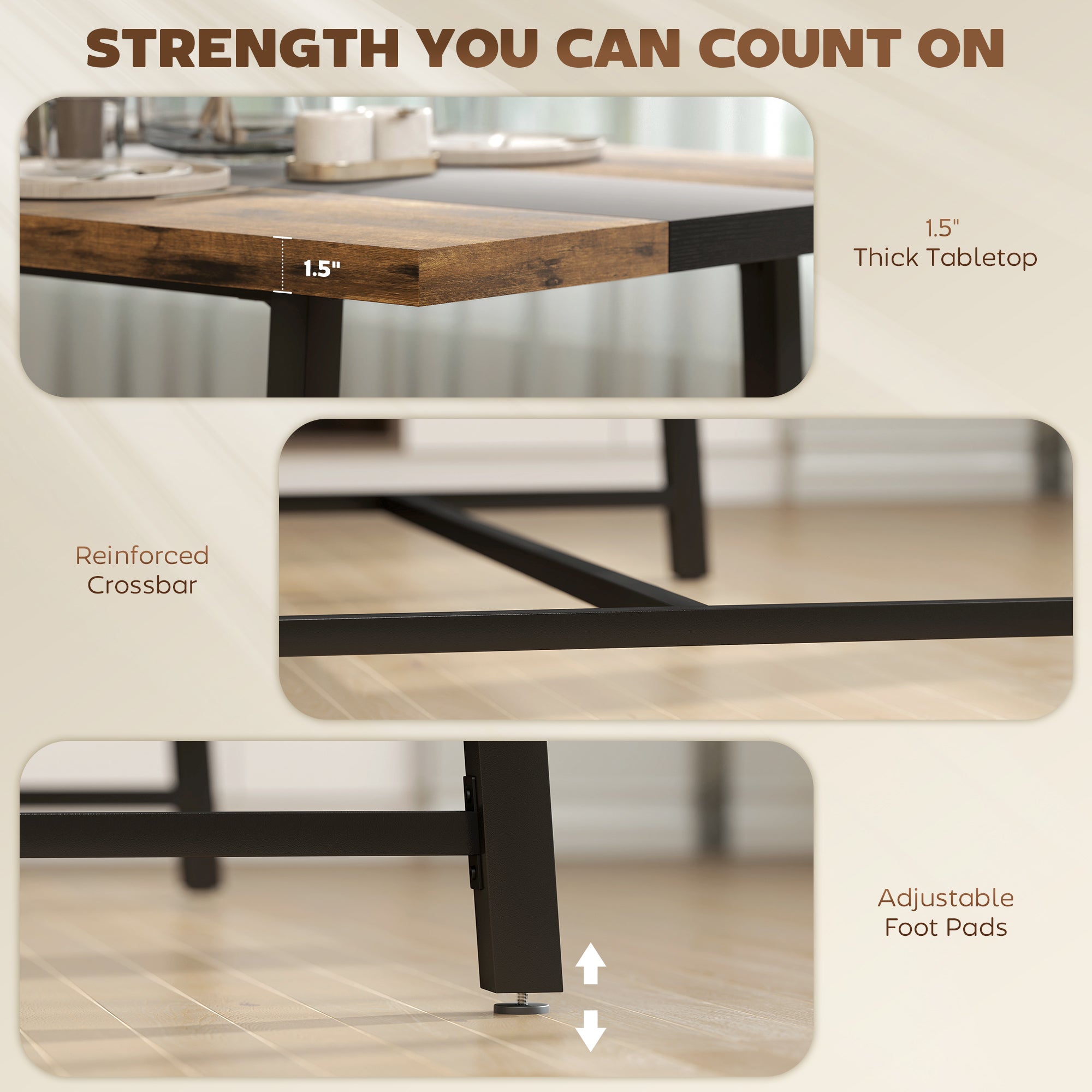 Industrial Kitchen Table for 8 People, 70.9" Long Dining Table with Large Tabletop and Steel Legs for Dining Room, Brown