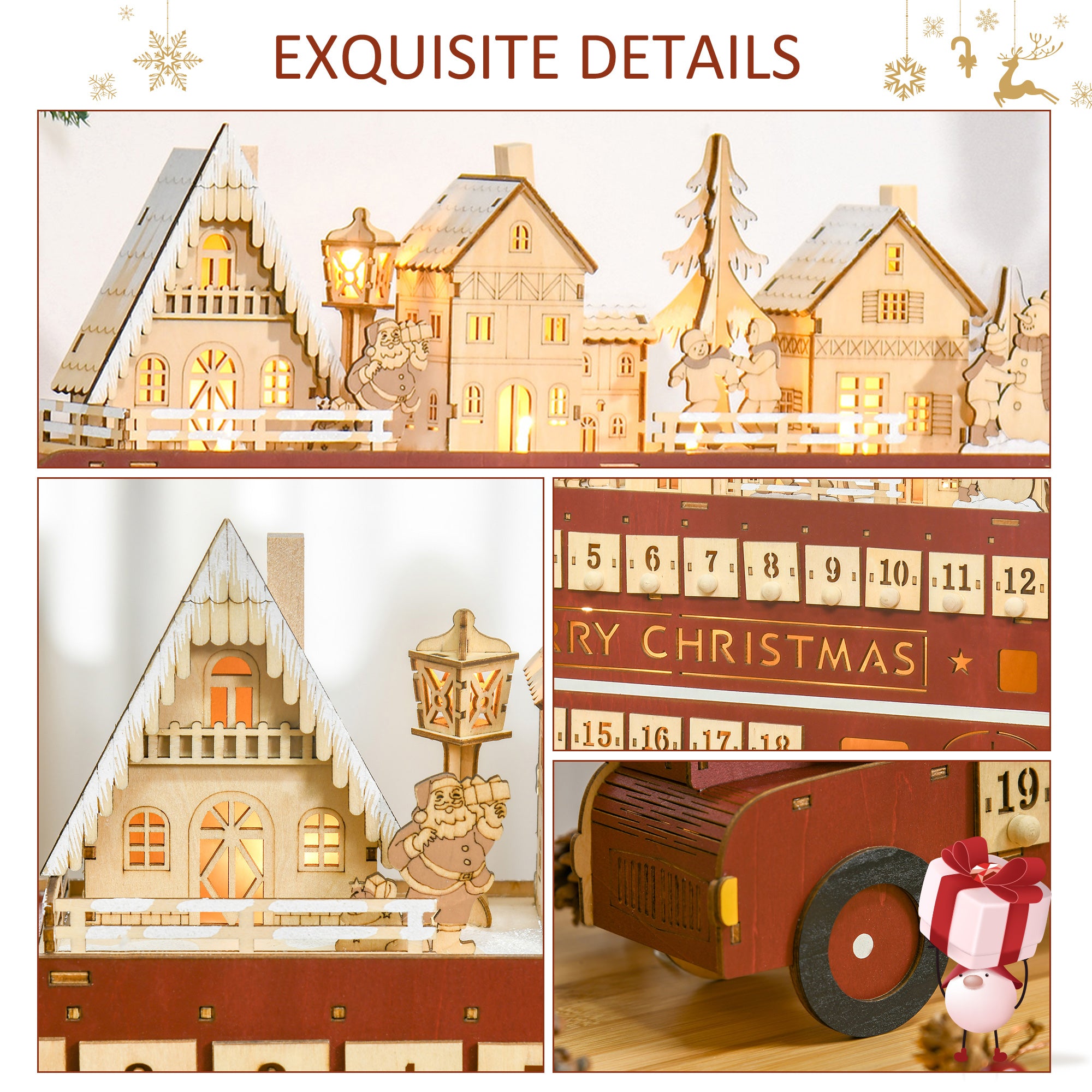 Christmas Advent Calendar, Light Up Table Xmas Wooden Bus Holiday Decoration with Countdown Drawer, Santa Claus Street House, for Kids and Adults