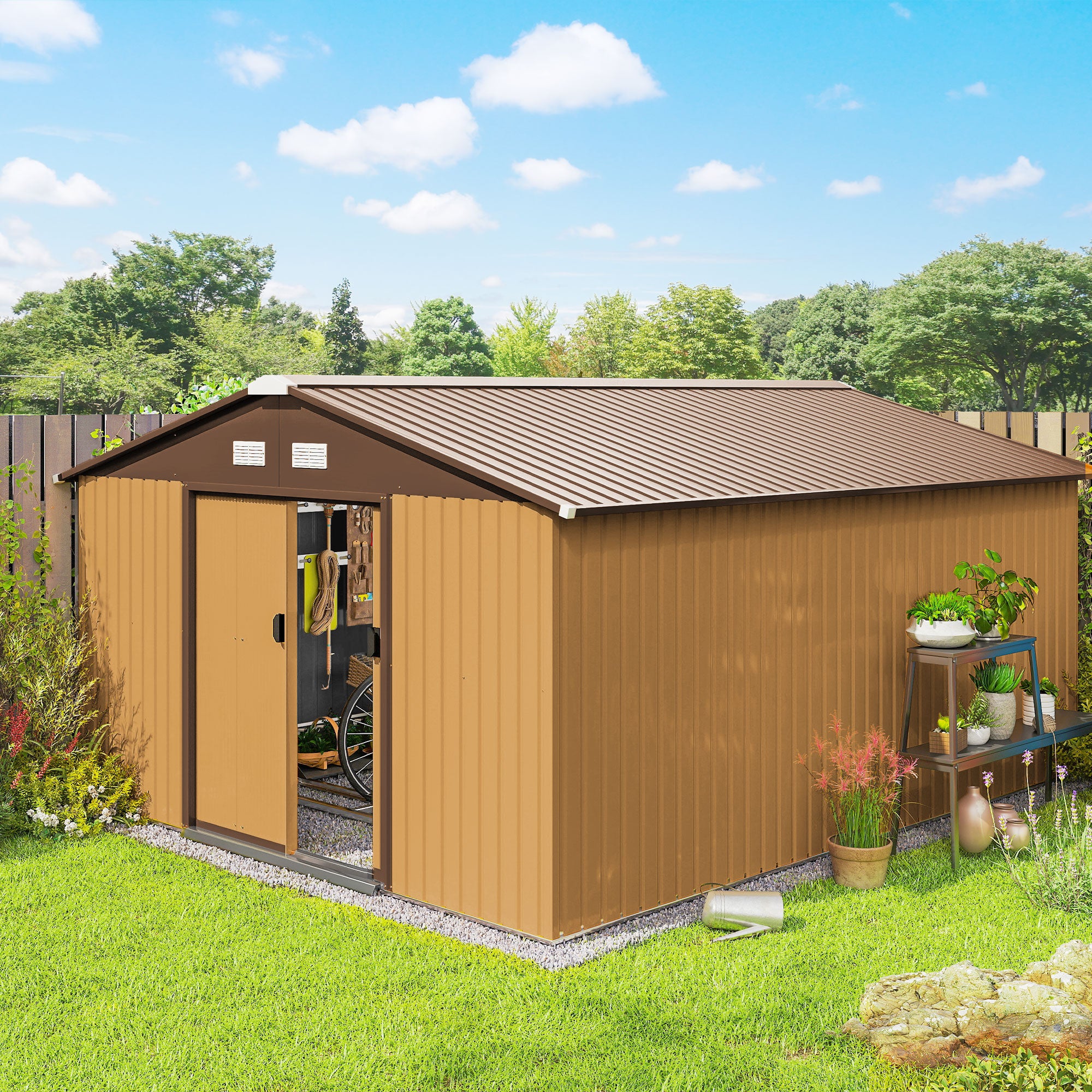 Garden Metal Shed, Storage Shed Utility Storage with Double Locking Doors for Bike, Yard Tools, Yellow - Yellow - Image 2