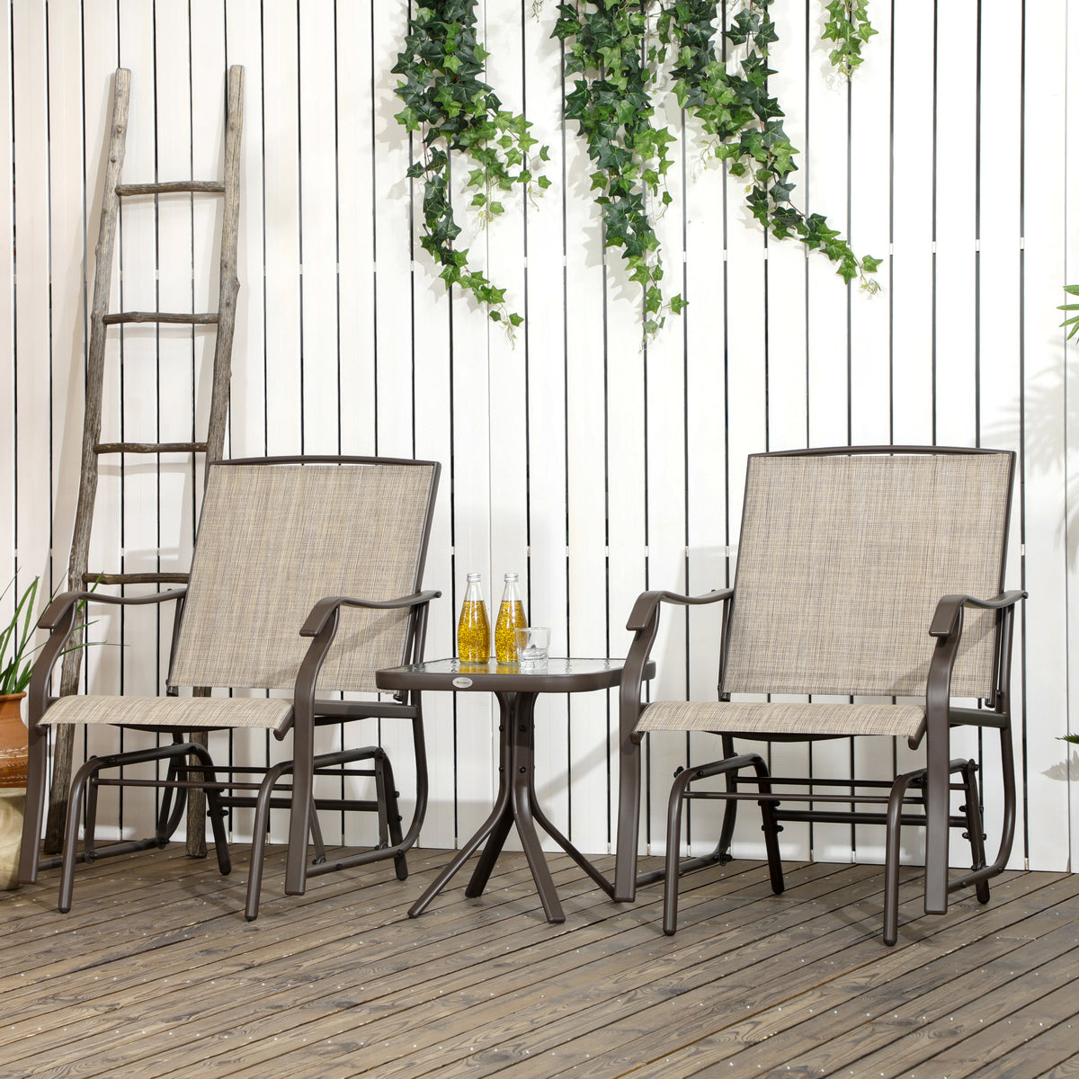 3 Piece Outdoor Glider Chair with Coffee Table Bistro Set, 2 Patio Rocking Swing Chairs with Breathable Sling Fabric, Glass Tabletop, for Backyard, Garden and Porch, Mixed Brown