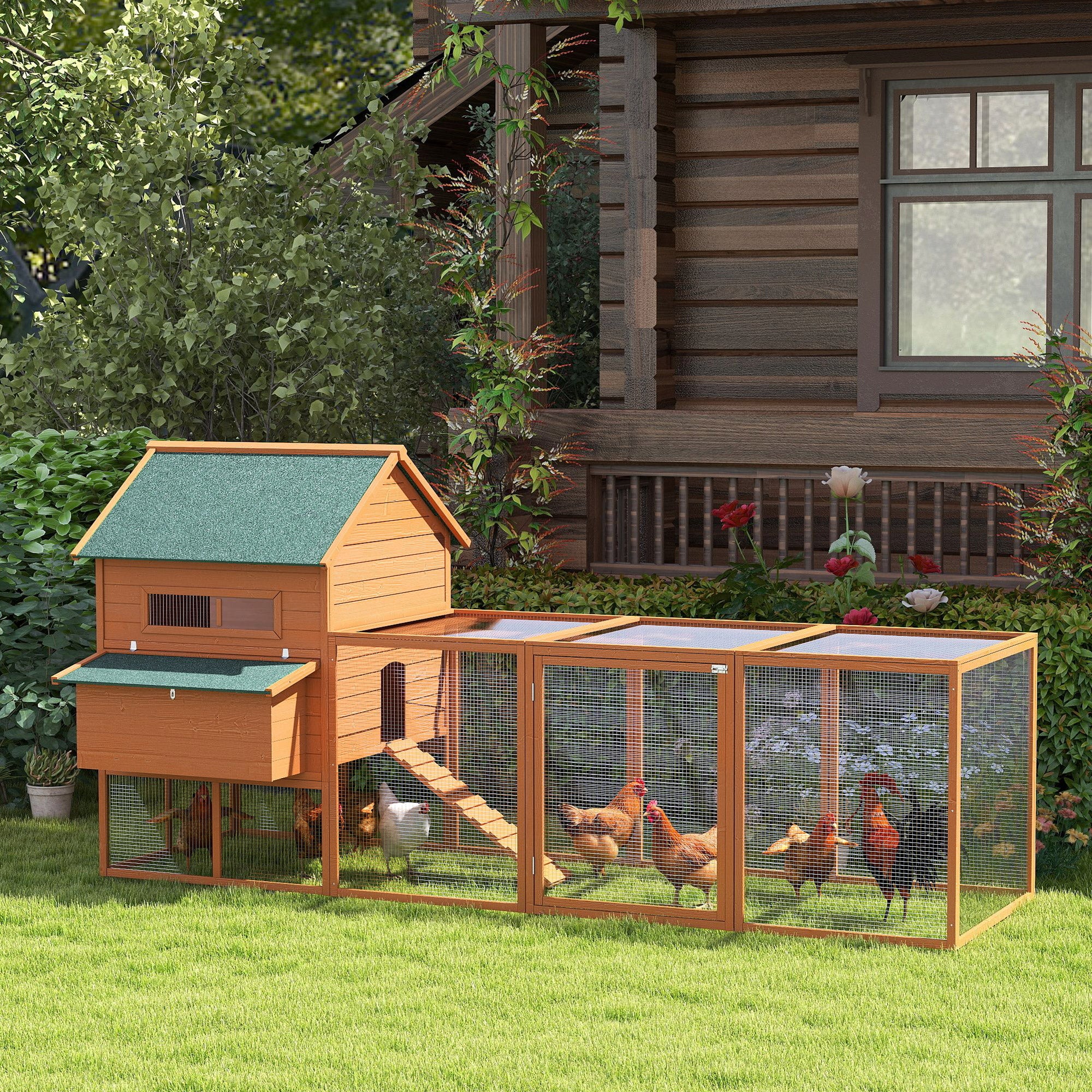 137" Chicken Coop for 8-10 Chickens, Large Chicken House, Wooden Poultry Hen Cage with Nesting Box and Run for Backyard, Orange - Orange - Image 8