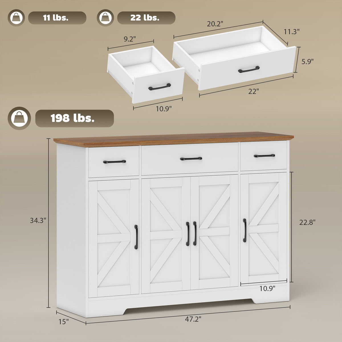 47" Buffet Cabinet with Soft-Close Hinges, Farmhouse Sideboard with 3 Drawers, Adjustable Shelves and Spice Racks, White